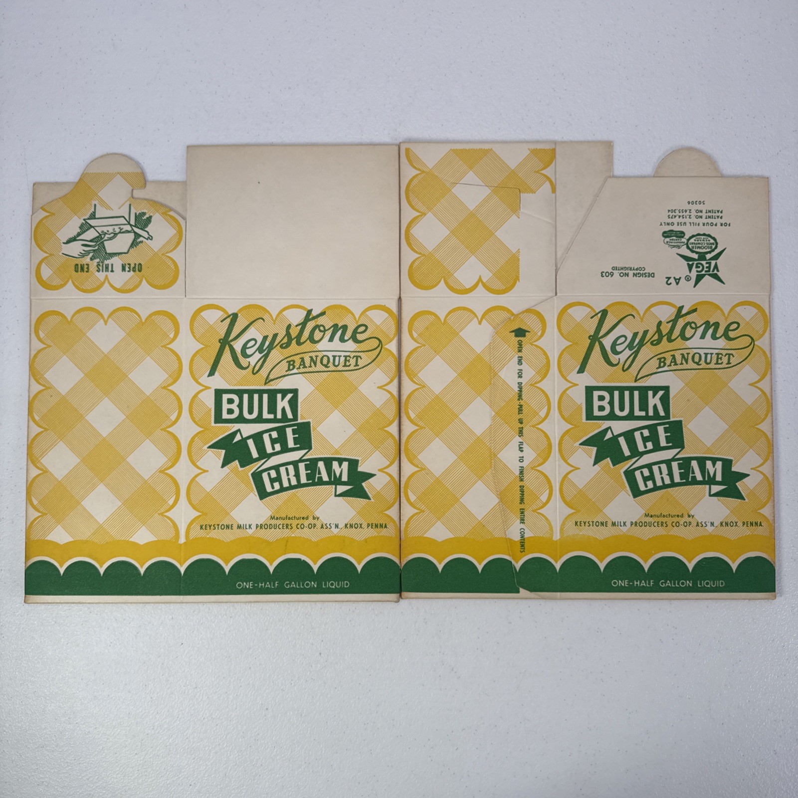 Vtg Keystone Bulk Ice Cream Carton Half Gallon Box Flat Knox PA NOS Dairy Sign
