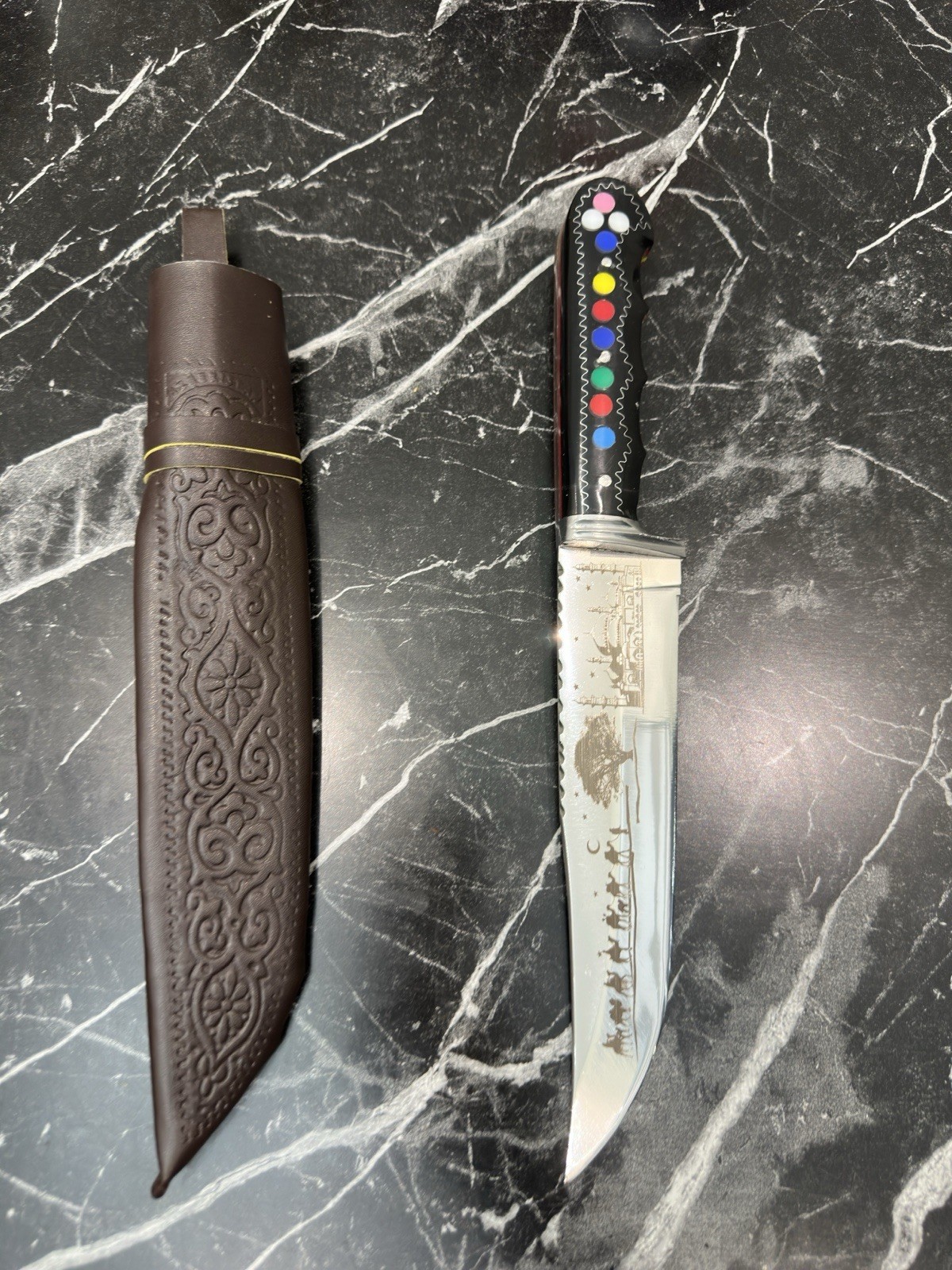 Uzbek Pichoq National Knife, Chust Region, Sharp Metal Blade, Leather Sheath