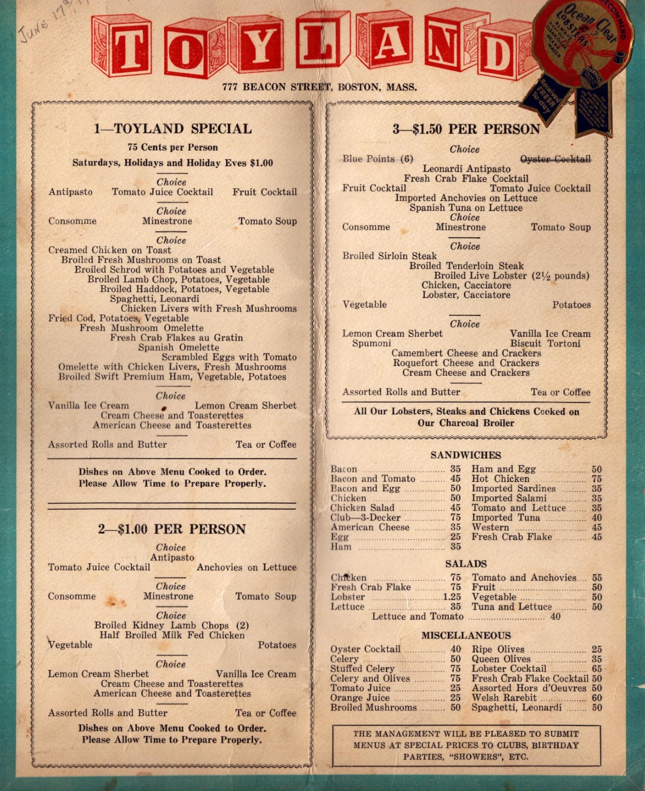 1937 Toyland  Restaurant  Menu  Boston  Massachusetts   12\