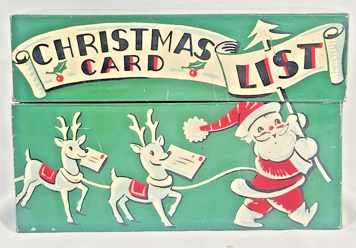 Vintage 50s Stylecraft #804 Santa Reindeer Christmas Card List Tin Box