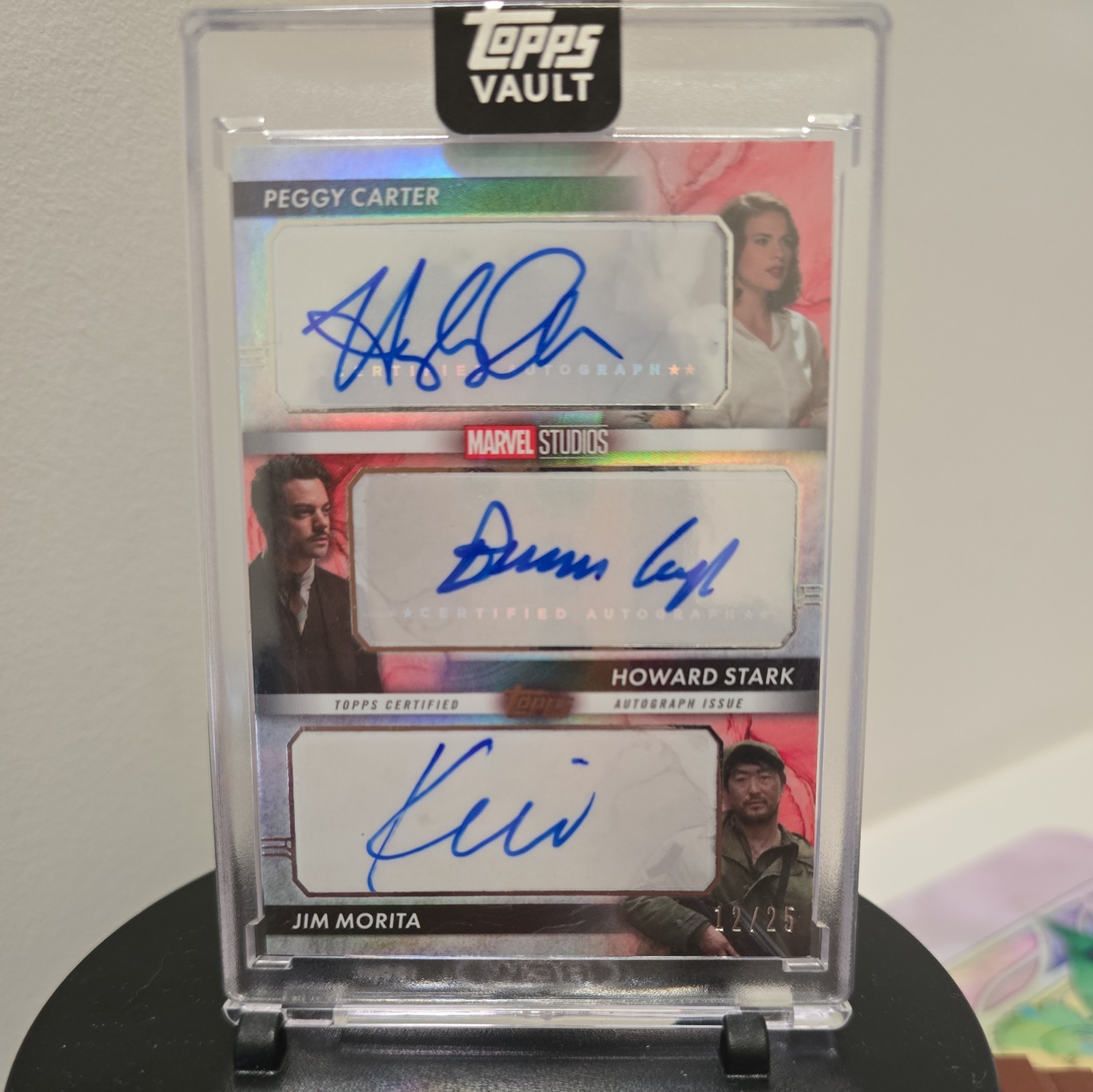 2026 Topps Marvel Vault Triple Auto Peggy Carter, Howard Stark, Jim Morita 12/25
