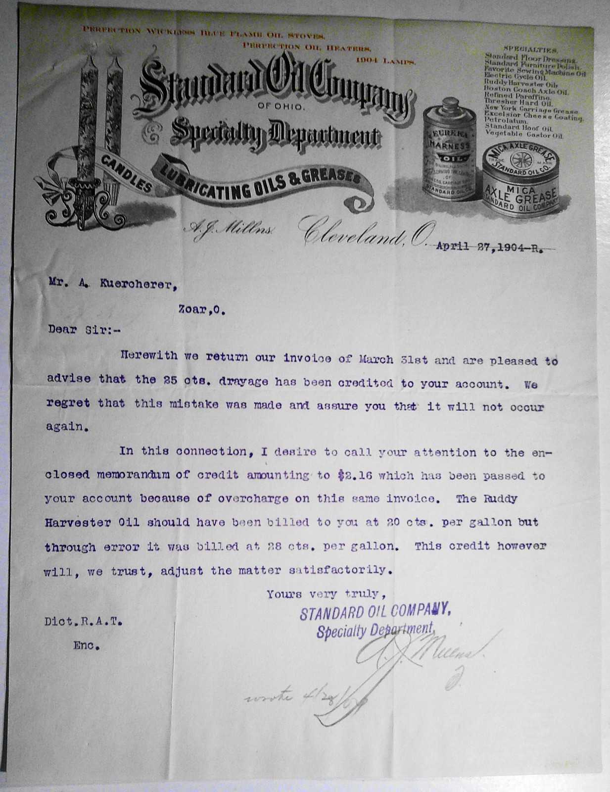1904 Standard Oil Company Letter to A. Kuecherer, Zoar, OH - Billing mistakes