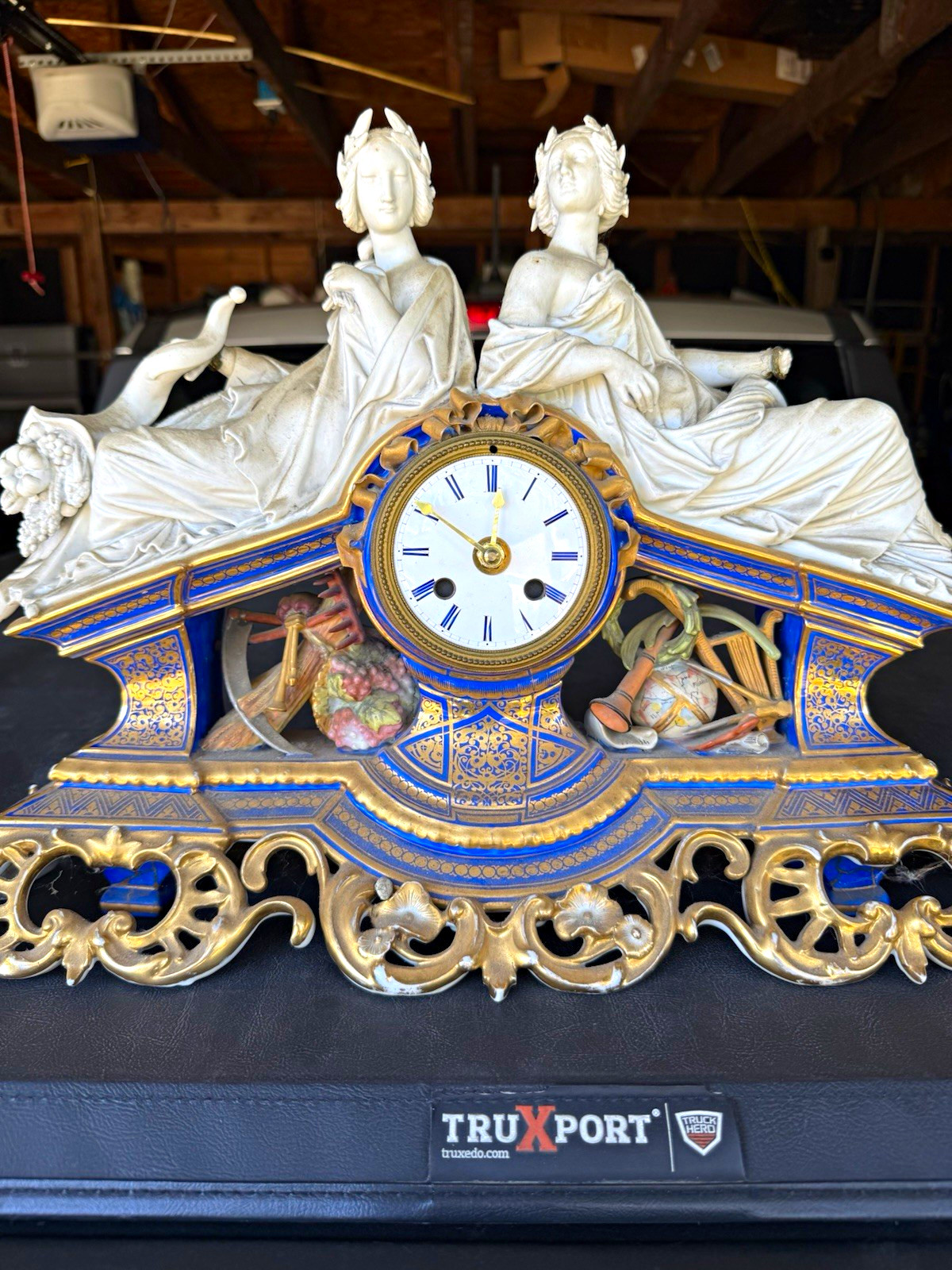 Title: Antique Style French Figural Mantel Clock Blue Gold Ornate 20 Lbs