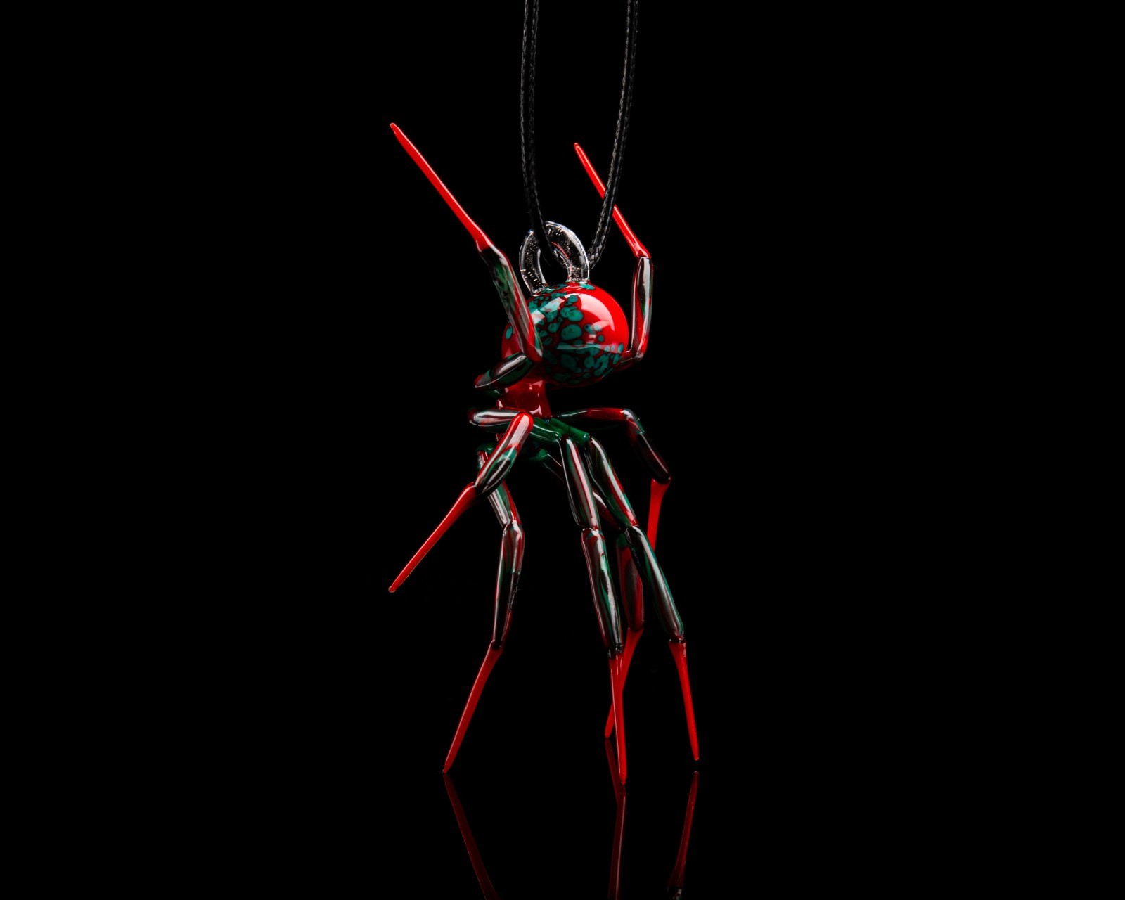 Christmas Hand Blown Glass Spider Pendant Red and Teal Lampwork Necklace