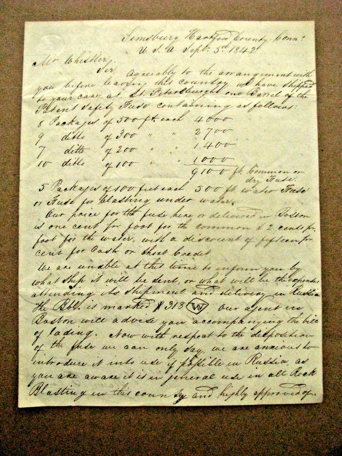  SIMSBURY CONNECTICUT HISTORY BICKFORD SAFETY FUZES 1844 LETTER 