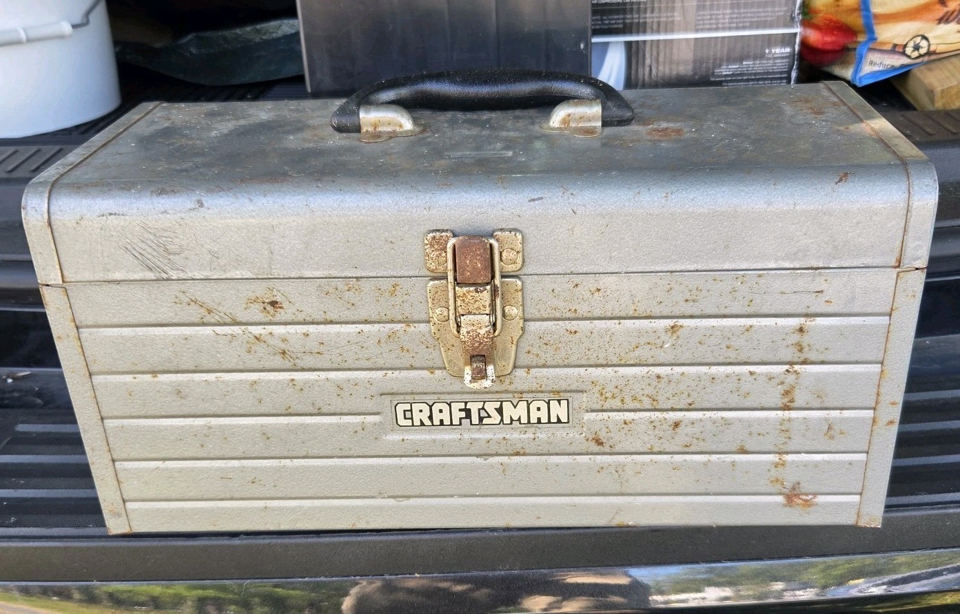 Vintage Sears Craftsman Gray Metal Tool Box Tote Ribbed No Tray