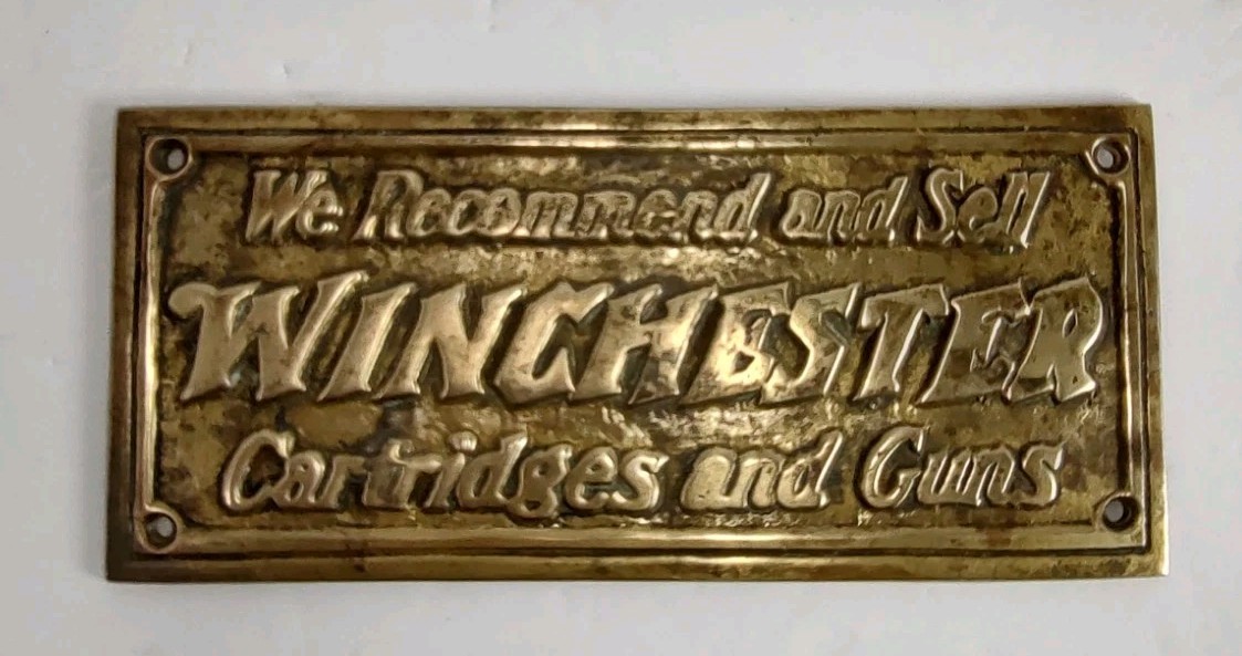 Vintage Winchester Guns Brass Advertising Plaque Sign Dealer Gunsmith Hunting