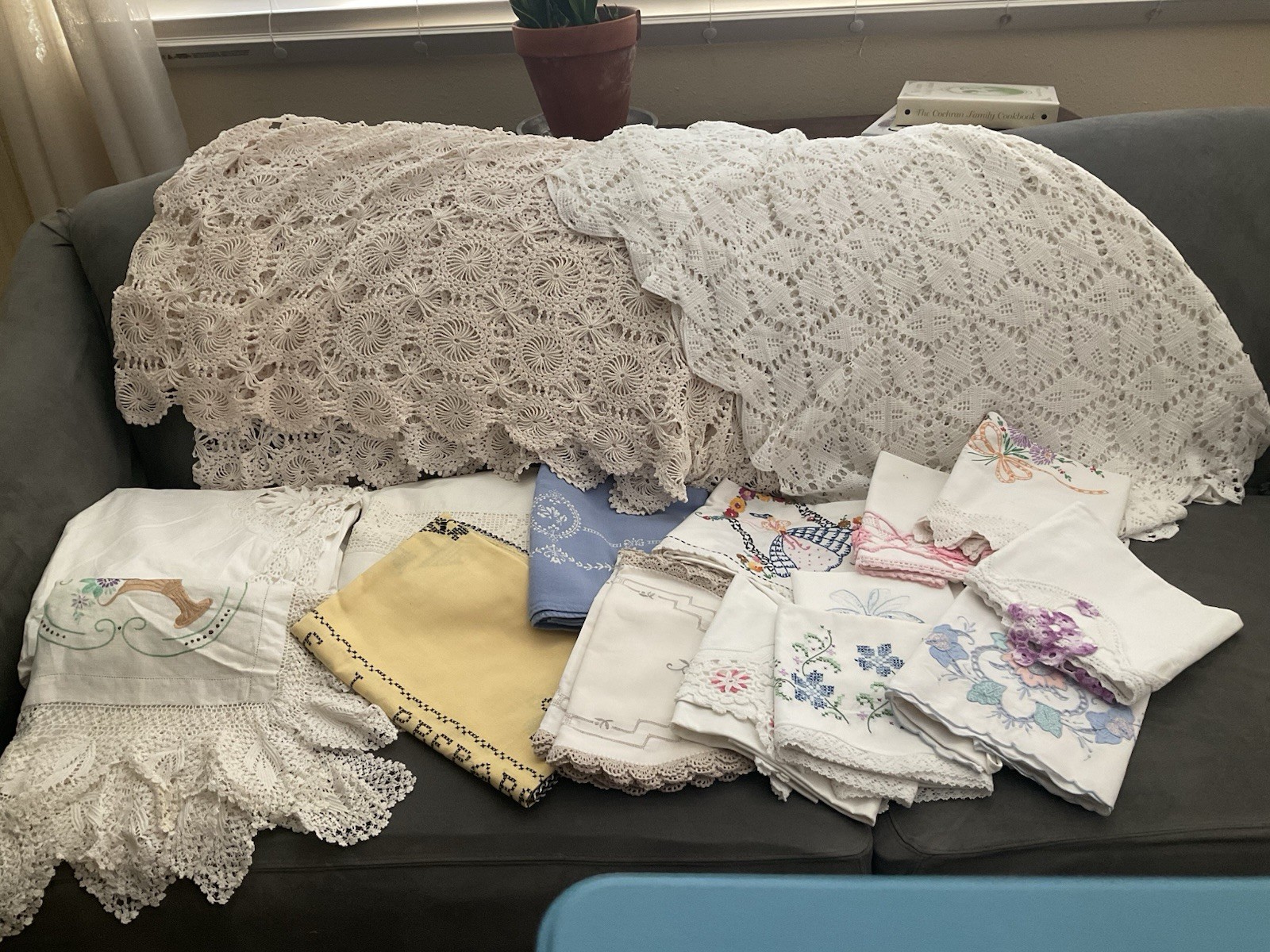 Vtg LOT Heirloom Linens Tablecloths, Sheet, Pillowcases Crochet Lace Embroidery