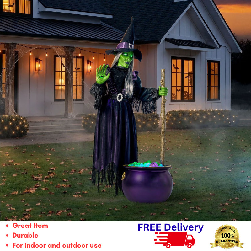 6.5 Ft Animated Floating Witch Cauldron Halloween Prop Pre-Lit LED Motion Sound