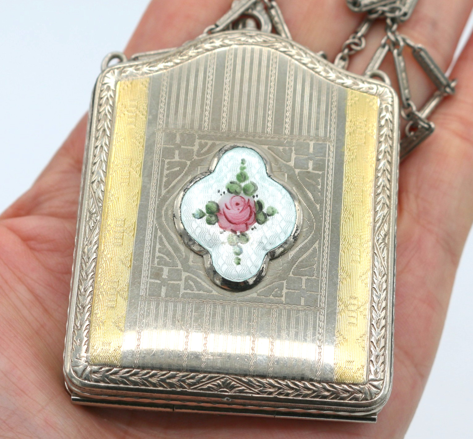 Antique 1920\'s Finberg Guilloche Rose Enamel Powder Compact Wristlet Purse Case