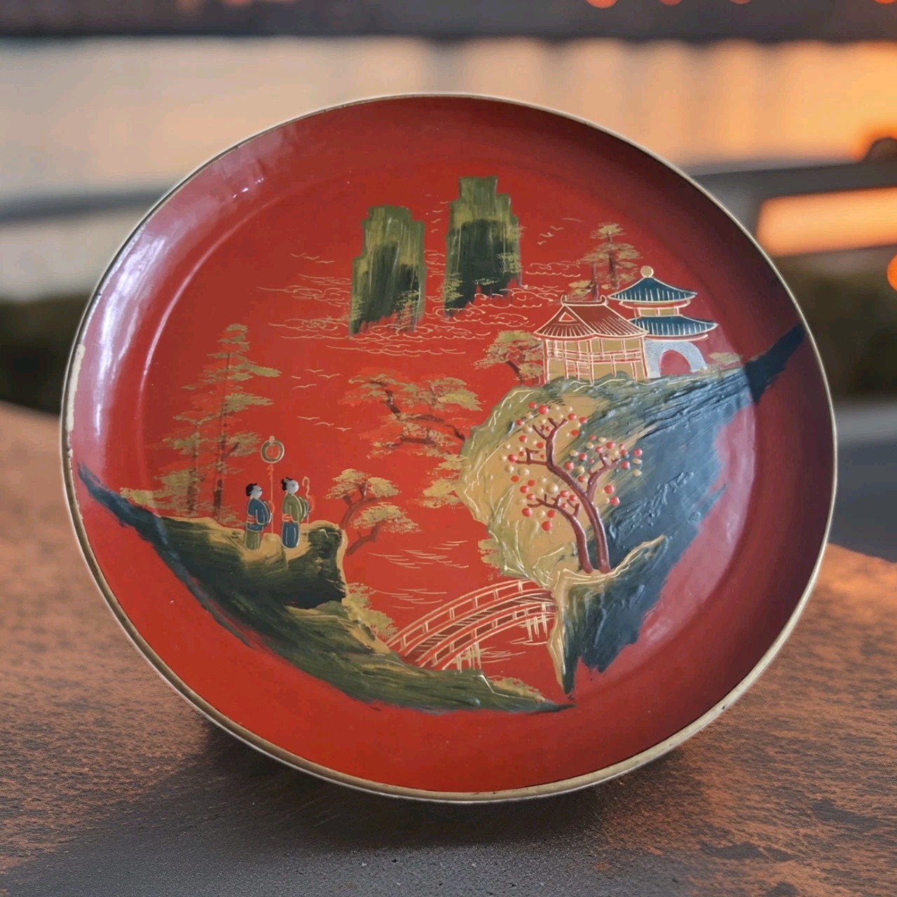 VTG Japanese Lacquerware Tray Red Gold Hand Painted Raised Relief Wall Plate 10