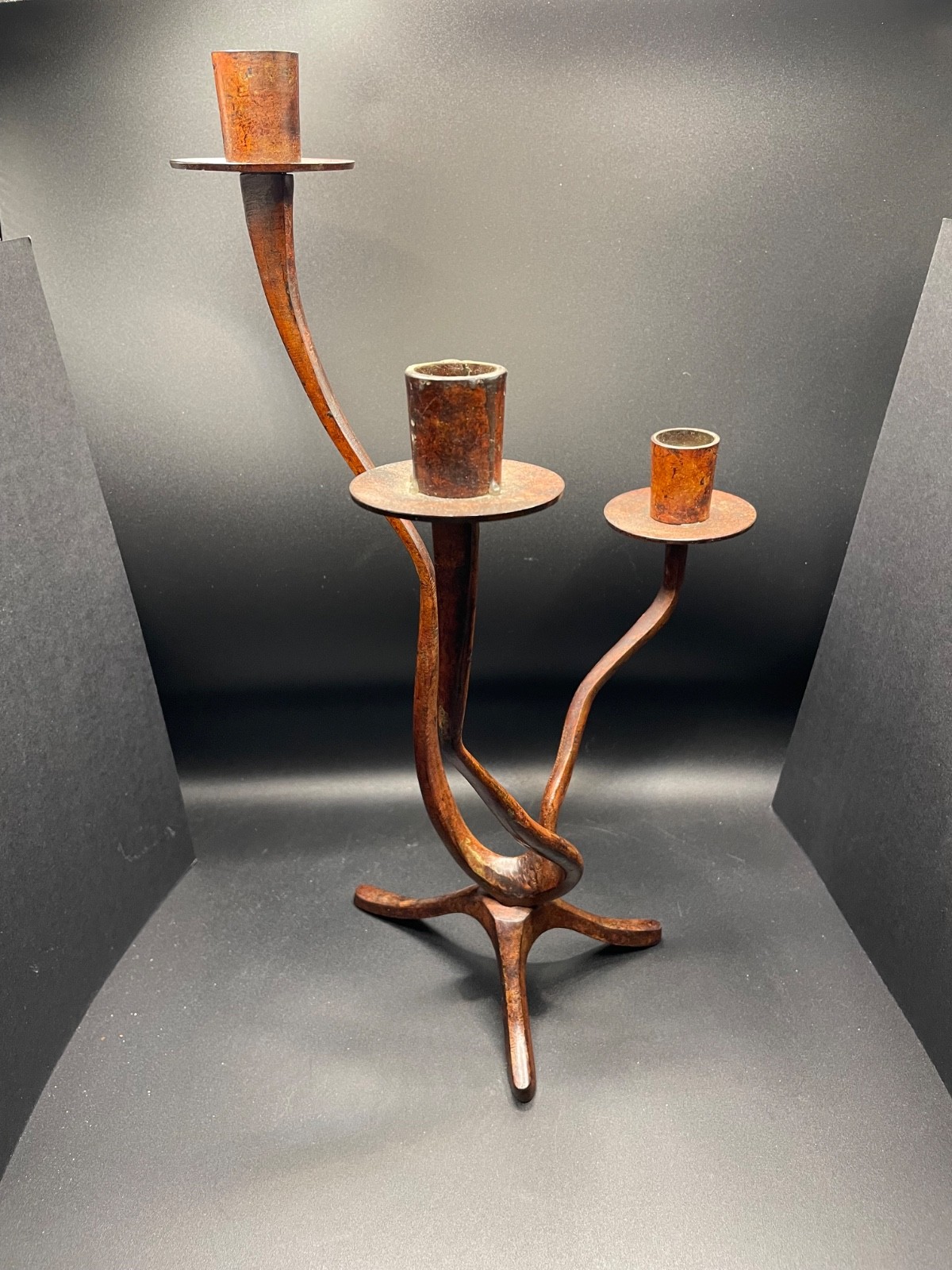MCM Brutalist 3 legged Biomorphic Design Candlestick Holder  Organic Patina Rust