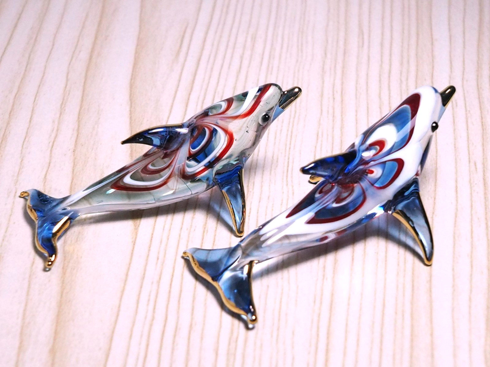 2 pcs. Dolphin figurine blue hand blown glass art gold trim 2.75 in decor Gift
