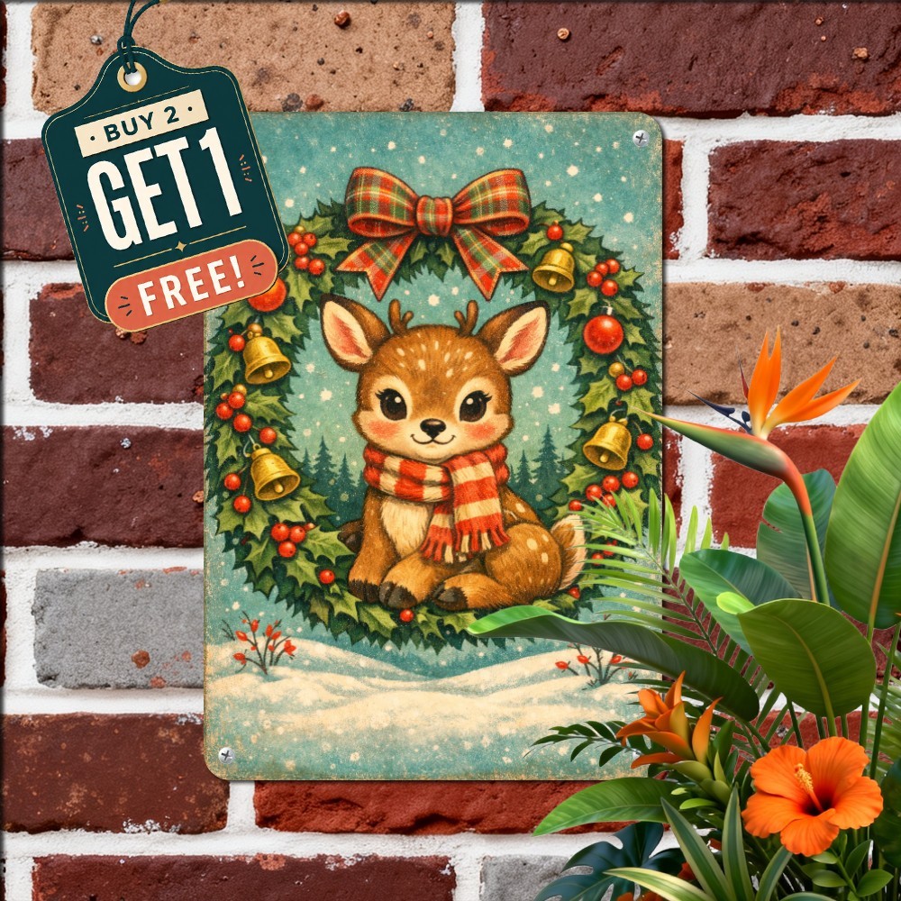 Festive Holiday Reindeer Christmas Metal Sign Cute Winter Wall Plaque