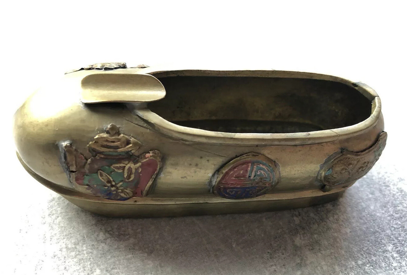 Brass Traditional Chinese Shoe Figural Ashtray Mini Cigarette Rest Polychrome