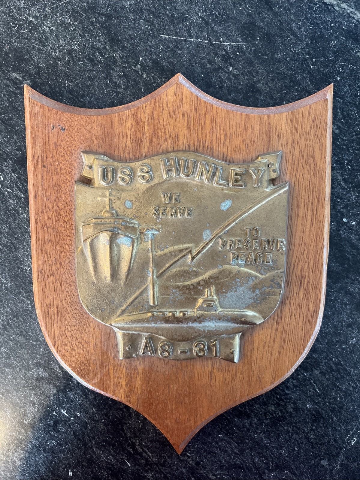 USS Hunley AS-31 Navy Brass Plaque on Wood