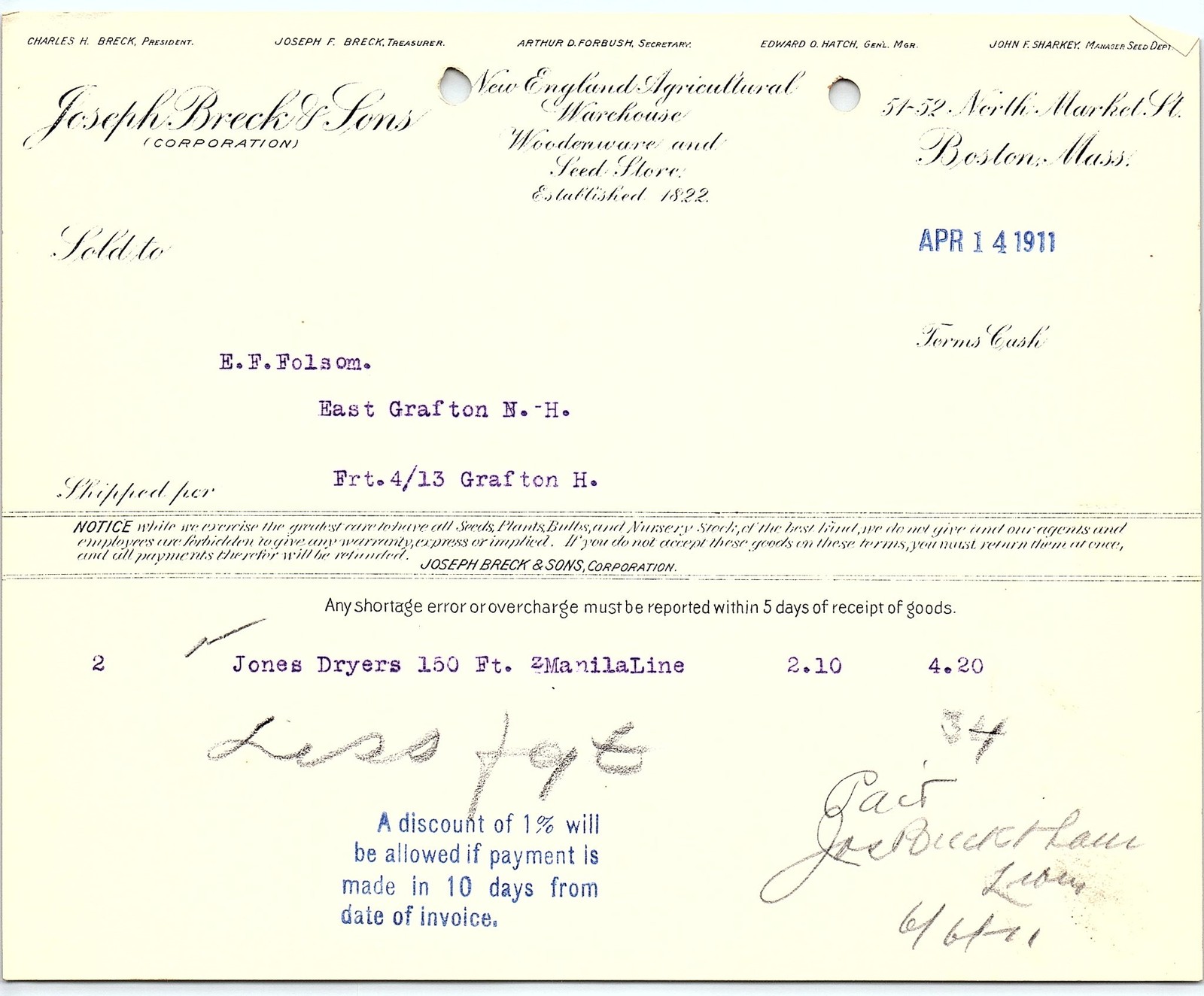 1911 Boston Joseph Breck & Sons Agricultural Billhead