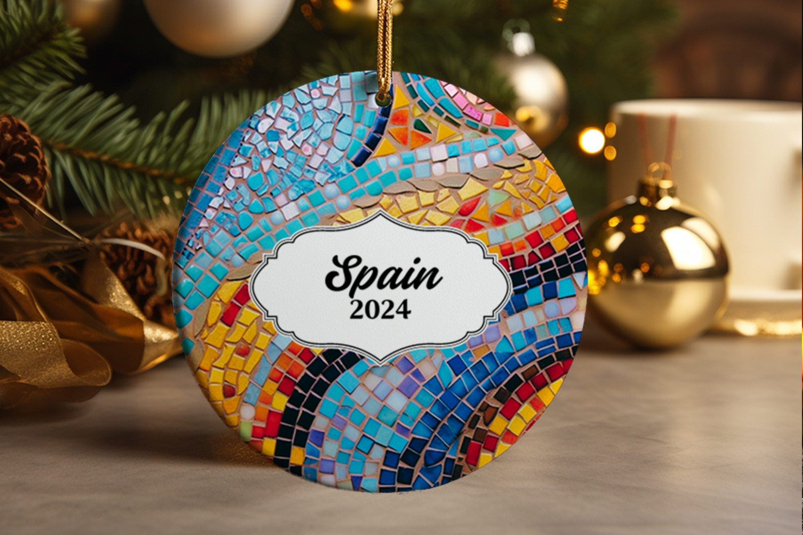 Spain Ornament, Gaudi Inspired Decorative Tile, Personalized Year, Ornament gift