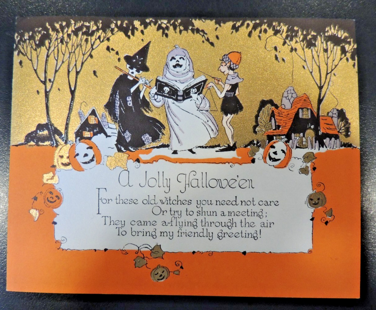RUST CRAFT Boston USA Vintage Halloween Greeting Card Old Witch Ghost Pumpkins