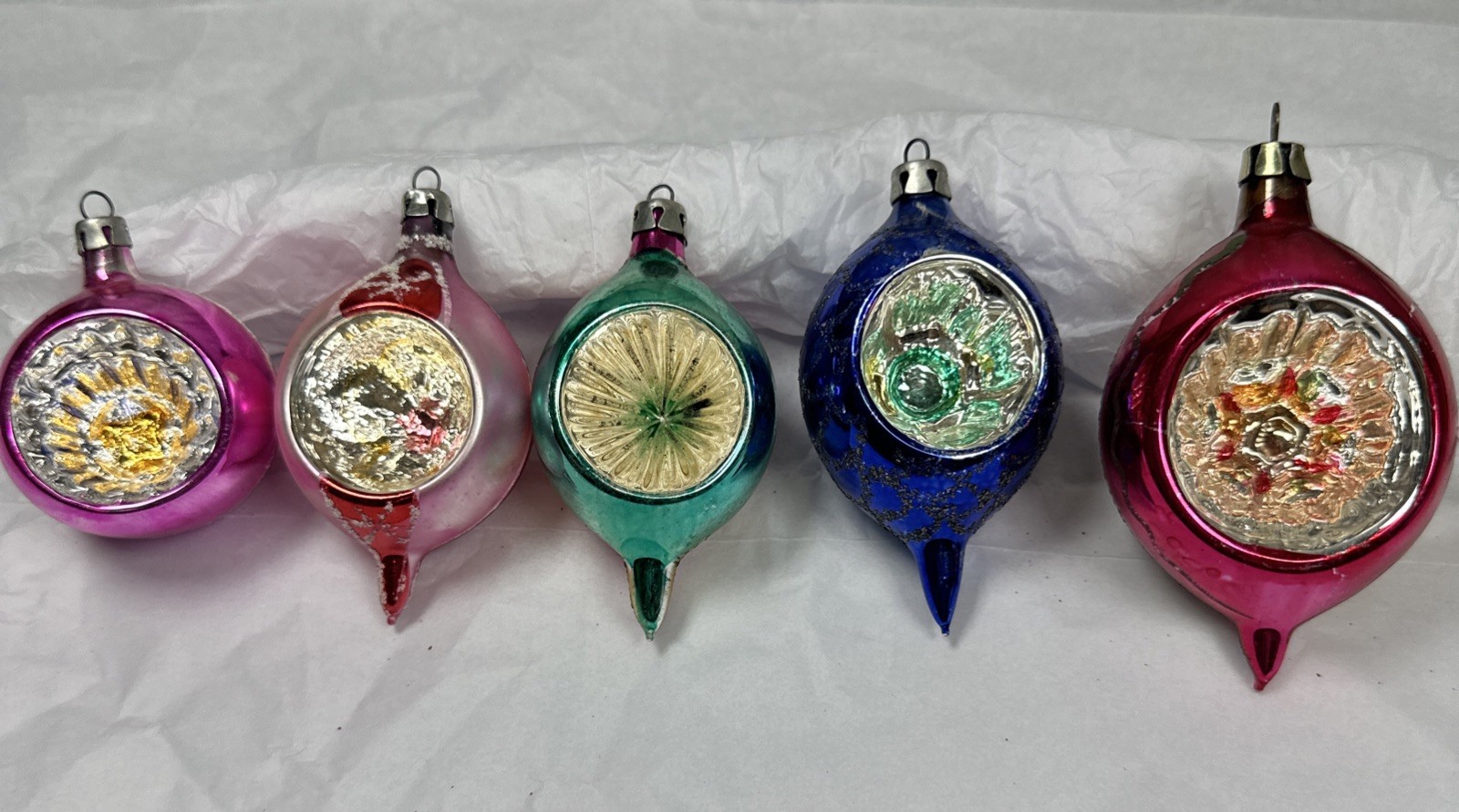 5 Vtg Mercury Glass Indent Christmas Ornaments Teardrop Reflector Diorama Poland