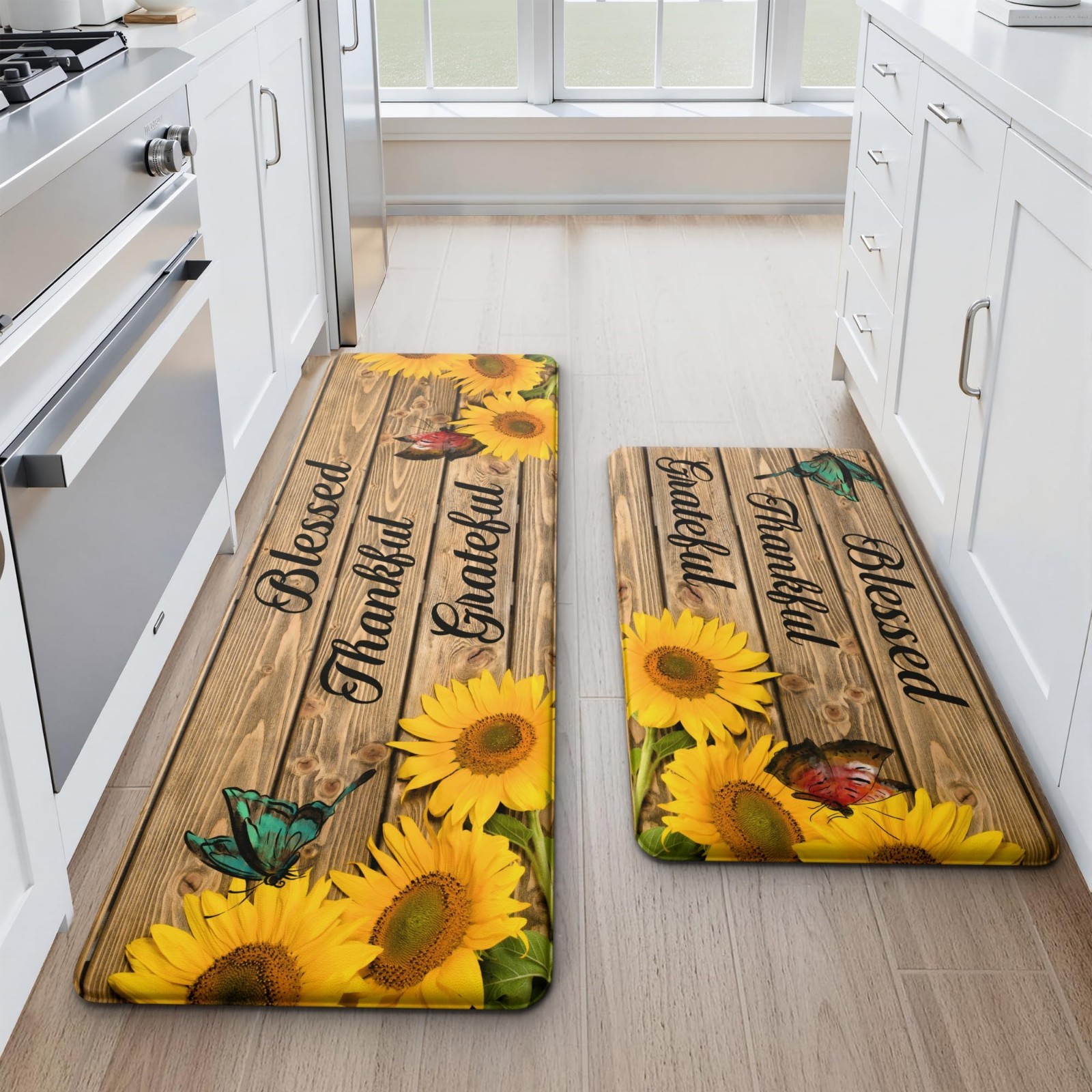MAYHMYO Sunflower Kitchen Decor Mat Set, 2PC Kitchen Mats, Anti Fatigue