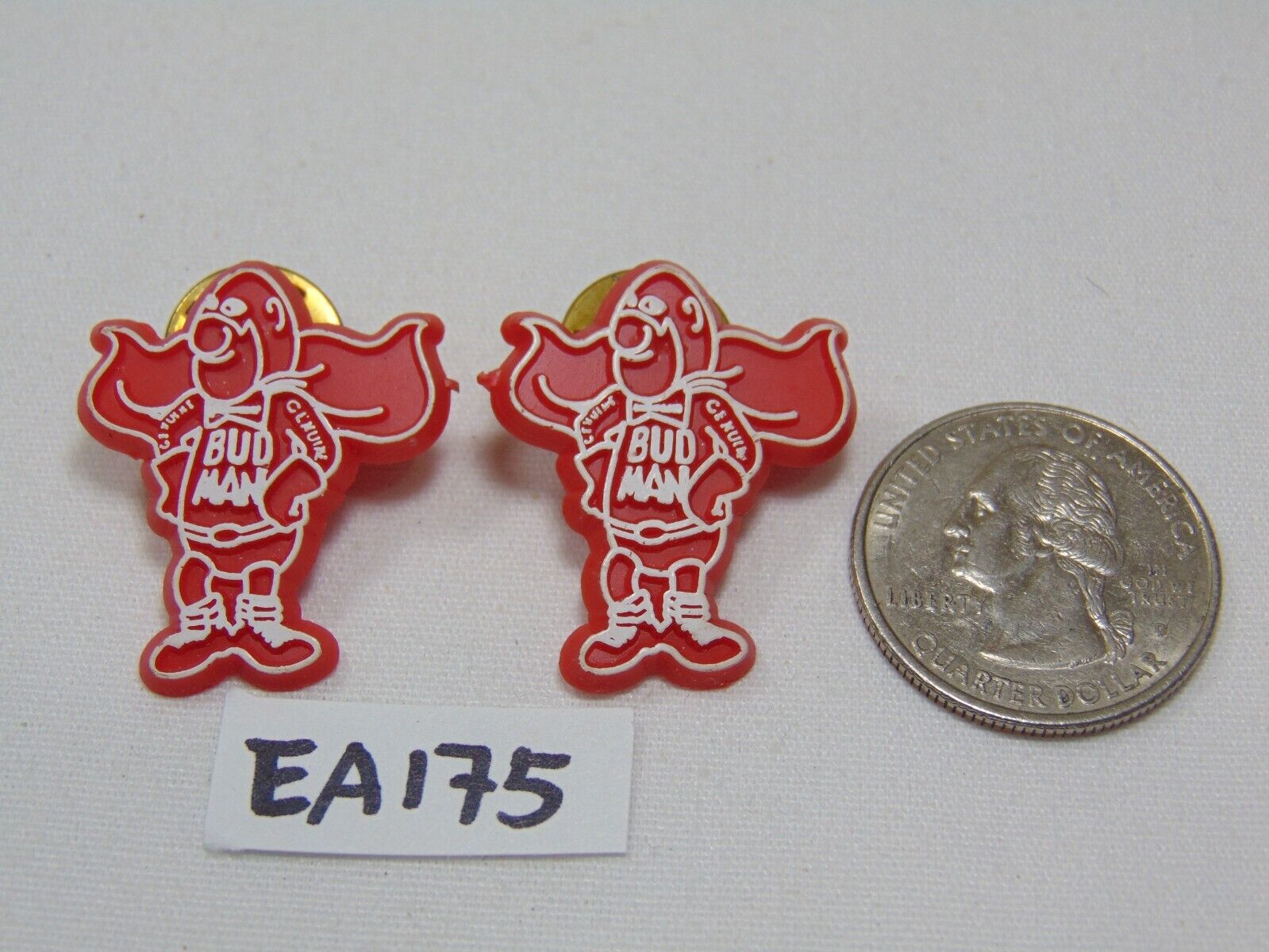 2 Bud Man Budweiser Beer Vintage Lapel Pin Red Plastic Lot of 2 Busch
