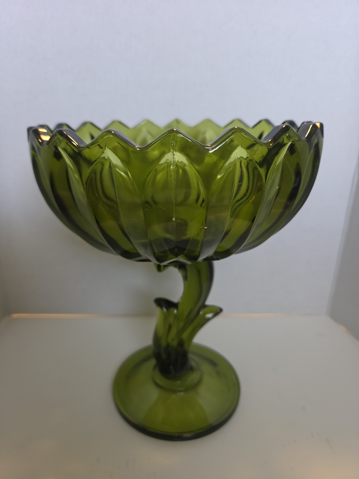 Vintage Olive Green Lotus Blossom Tall Compote Pedestal Dish Indiana Glass 7.5