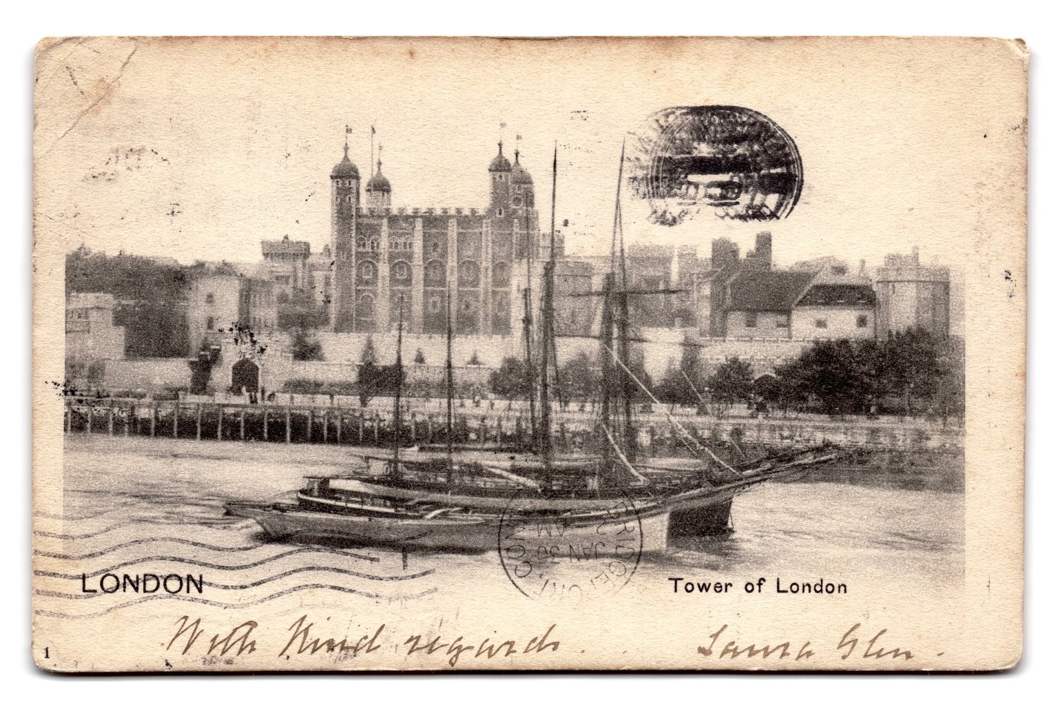 1909 Tower of London Thames River Boats RPPC Postcard Bombay to USA