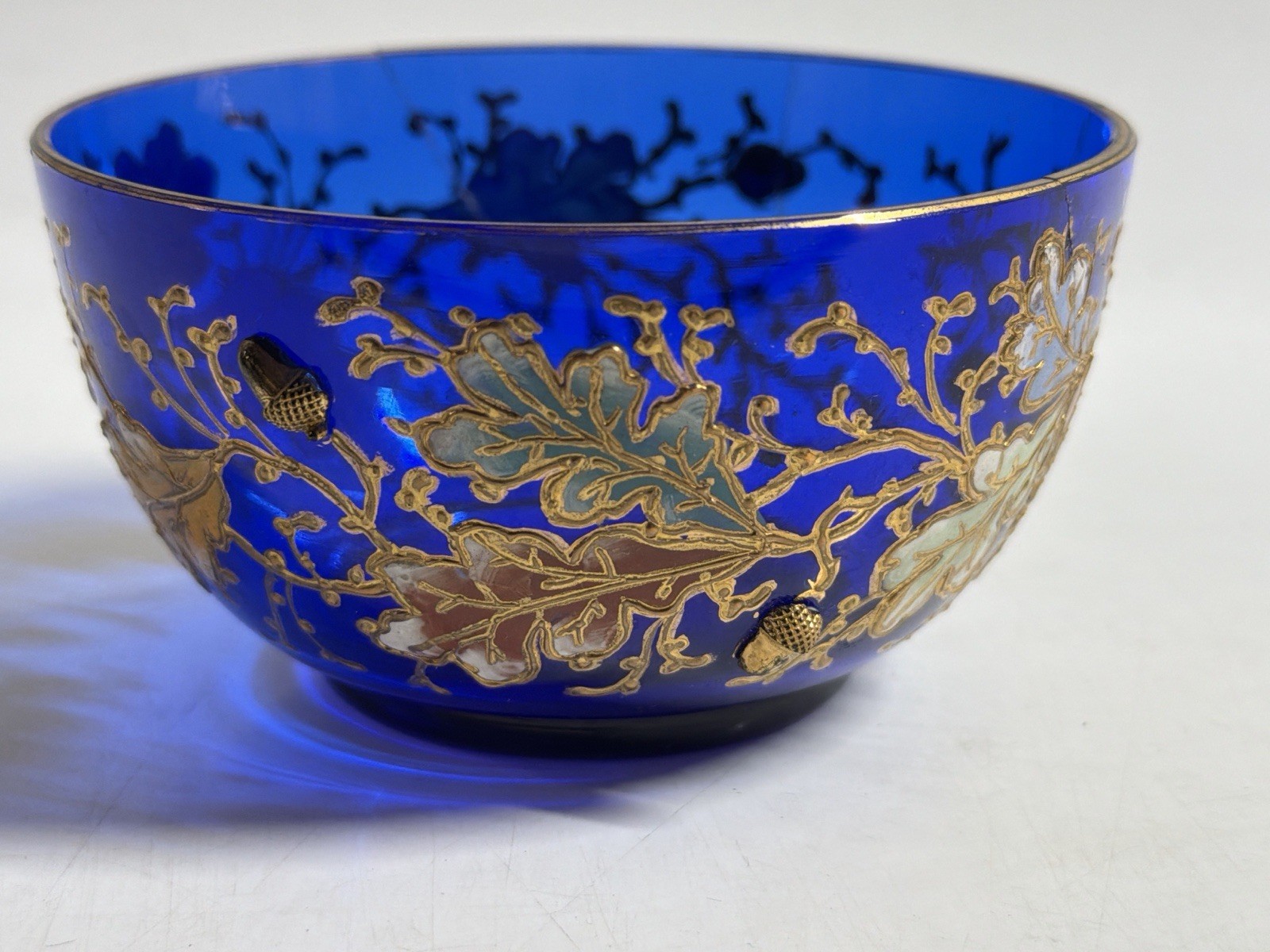 Antique Moser Bohemian Cobalt Blue Glass Bowl Applied Acorns Gilt Oak Leaf AS IS