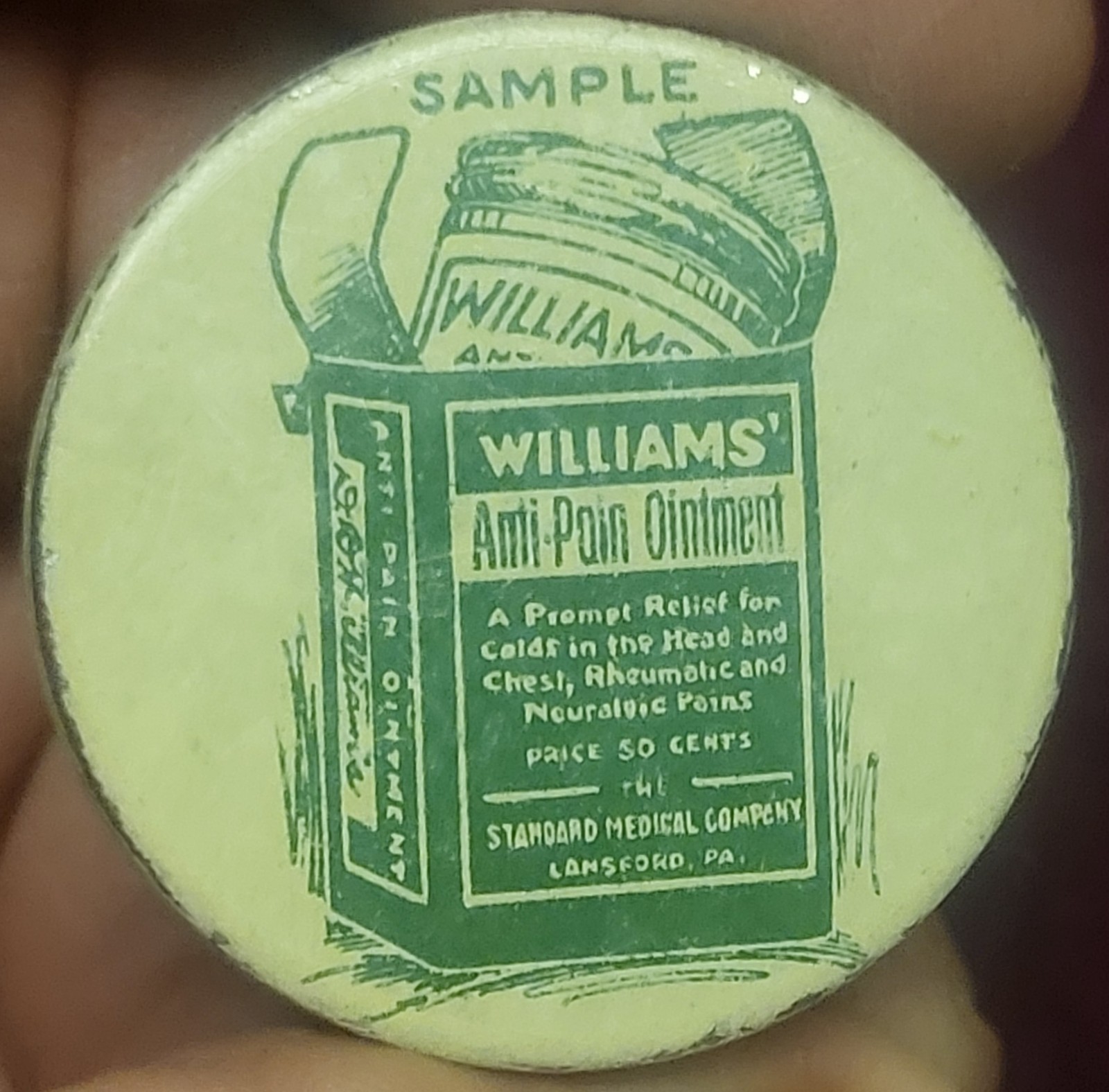 Empty 1920s Williams\' ANTI-PAIN OINTMENT Standard Medical Co.  SAMPLE TIN