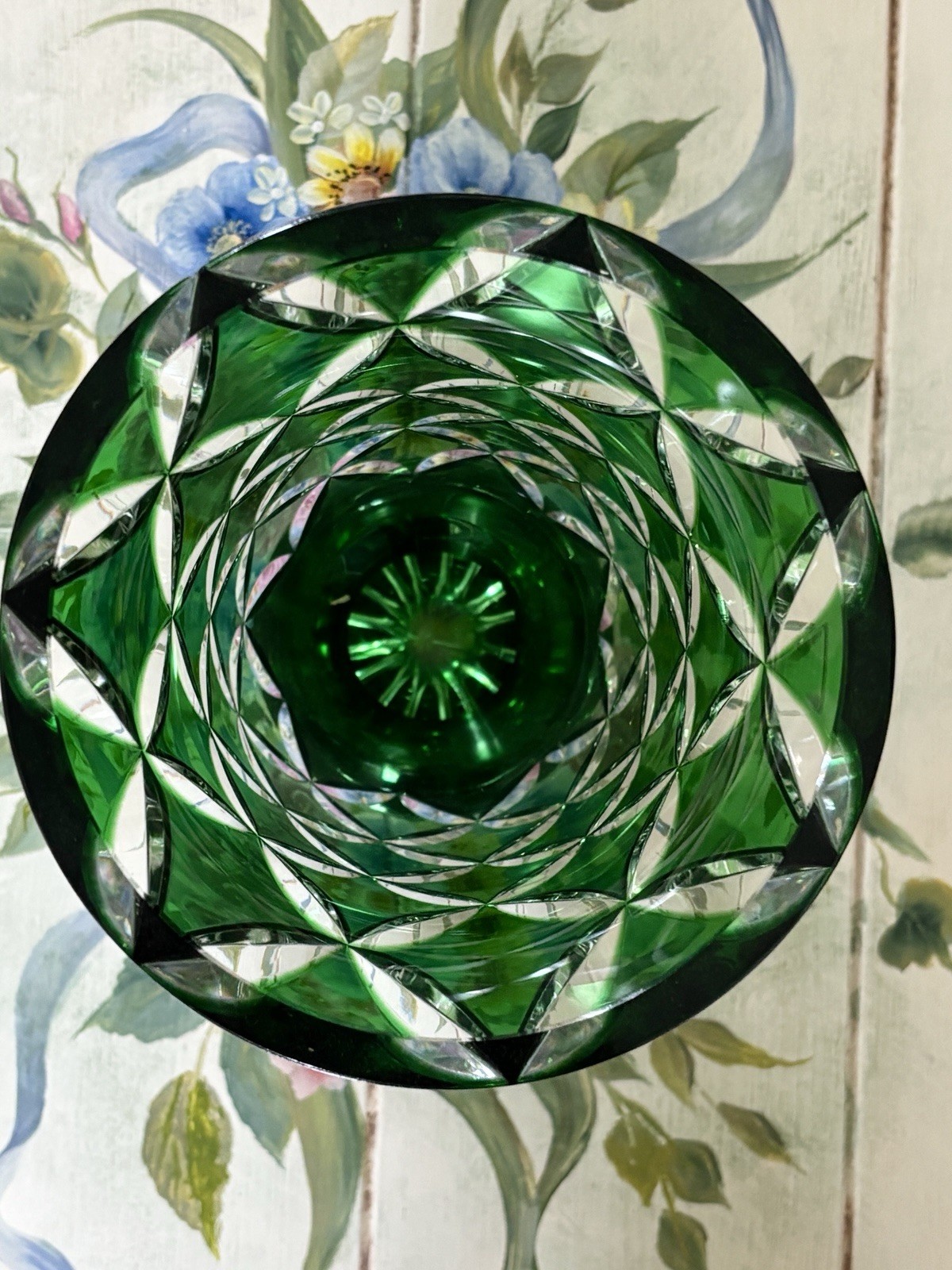 Vintage Crystal Vase German Emerald Green Cut to Clear Hollywood Regency