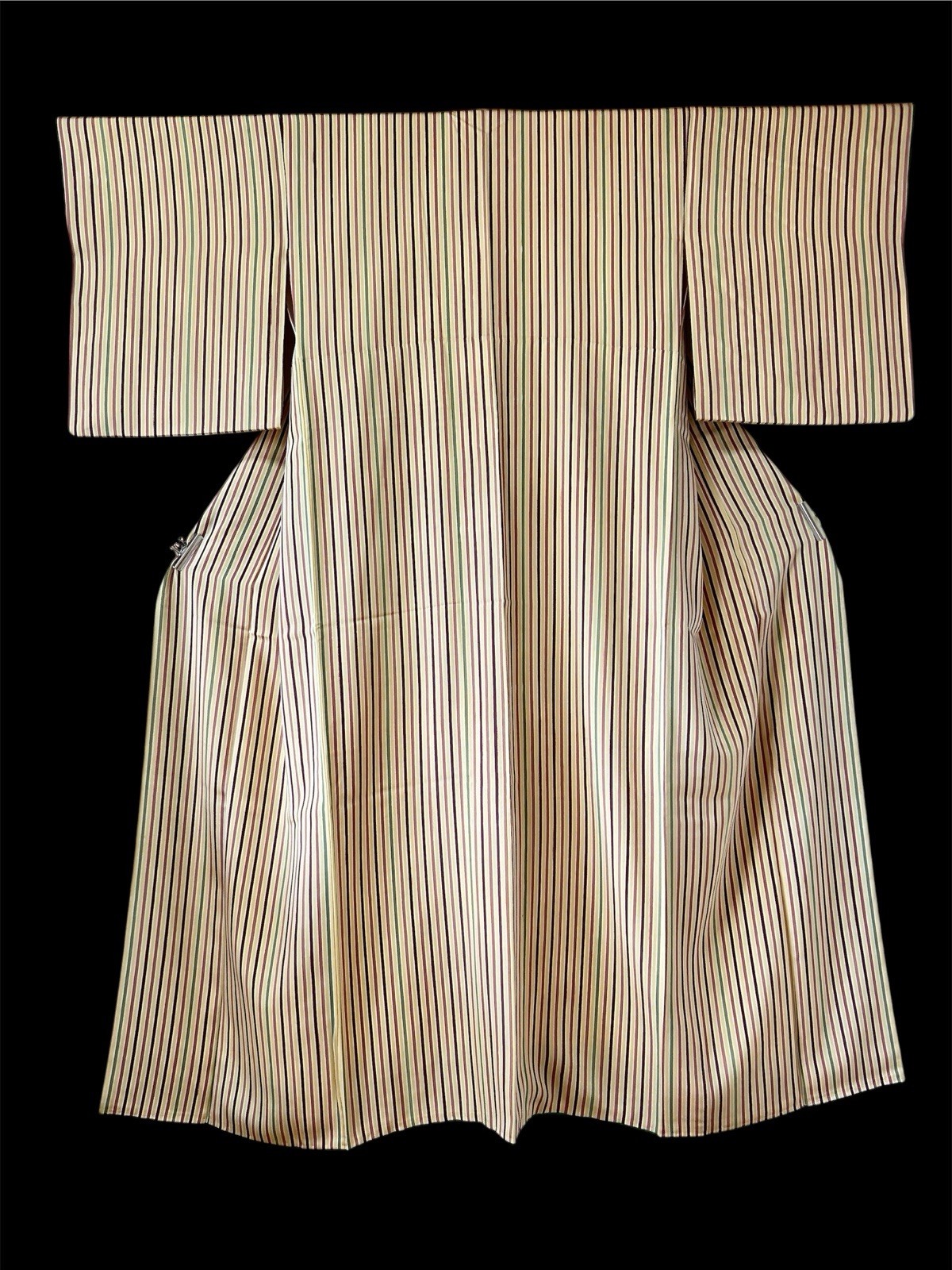 VINTAGE JAPANESE SILK KIMONO / AWASE /RETRO STRIPED YELLOW  WITH  PINK &GREEN