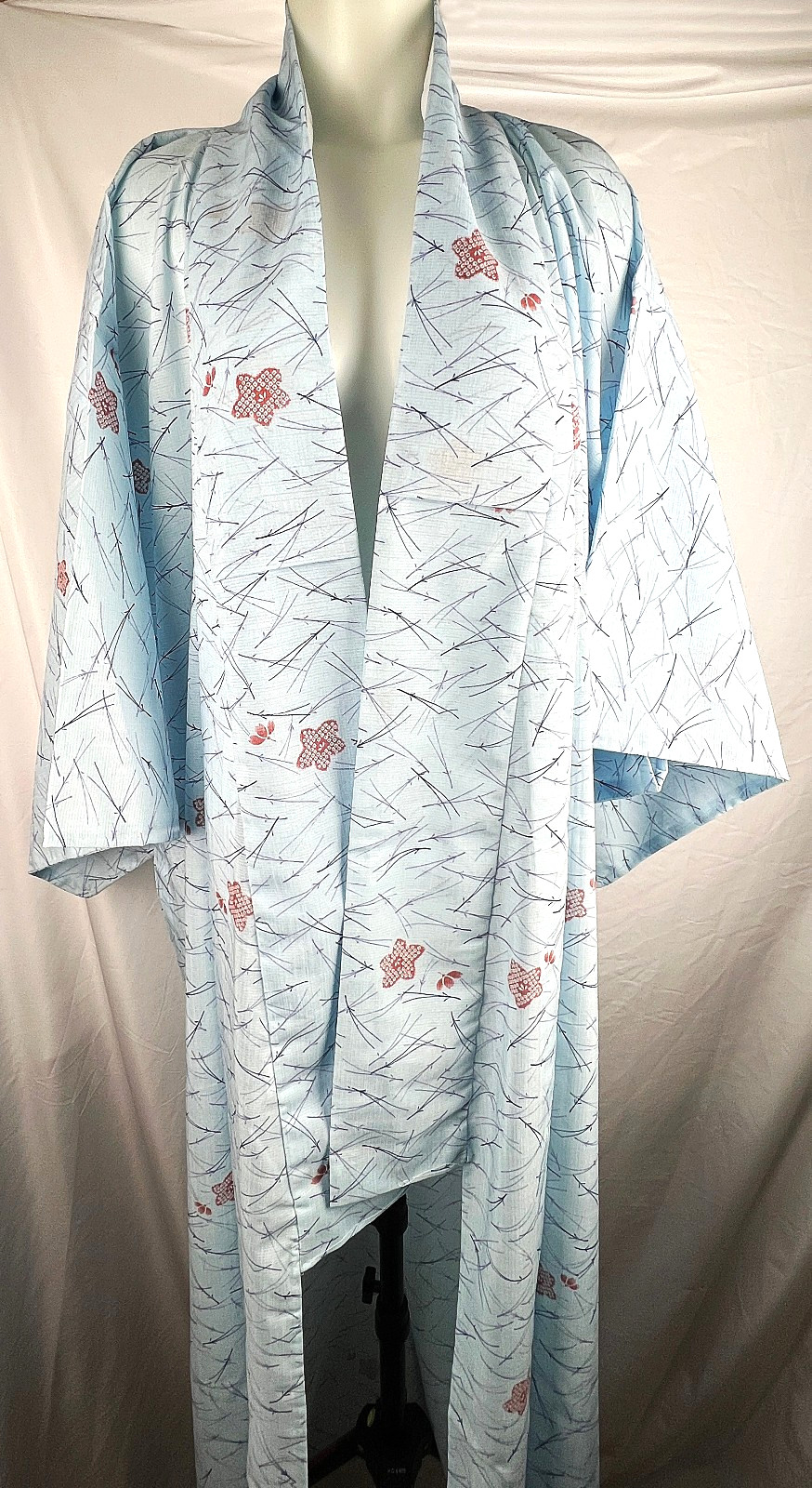 New/Unworn Vintage Blue Matsu Pine Needle Floral Print Poly Traditional Kimono