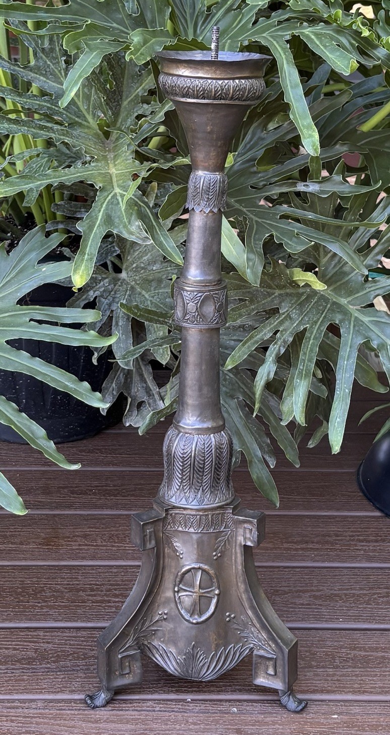 Antique 18th or 19th Century Pressed Brass Pricket Candlestick w/ Wood Log Core