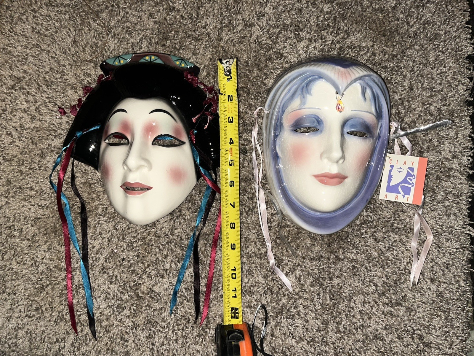 Clay Art Pair Ceramic Hand-Painted Wall Masks Set of 2 10in 1980-1990