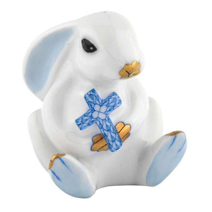 HEREND, BUNNY WITH CROSS, BLUE FISHNET, VHB-16420, NEW,  MINT & BOX