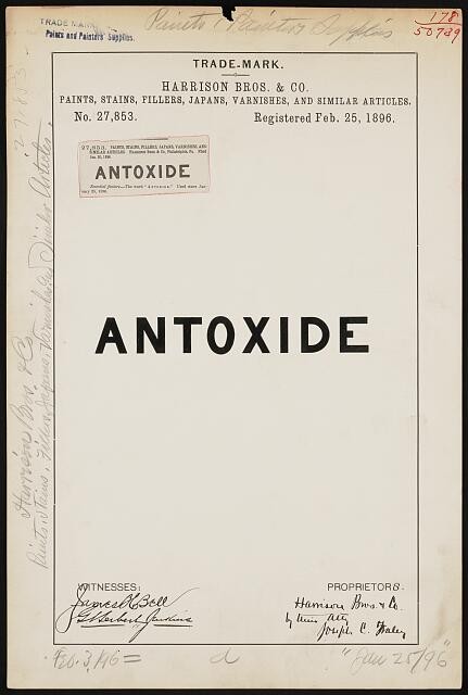 Photo:Harrison Bros Co Antoxide Paints Stains Varnishes Trademark 1890s
