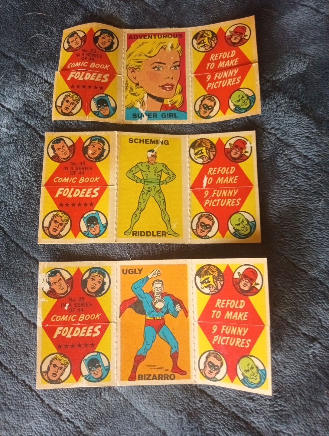 Vintage 1966 Topps Comic Book Foldees Supergirl Riddler Bizarro DC Cards Set