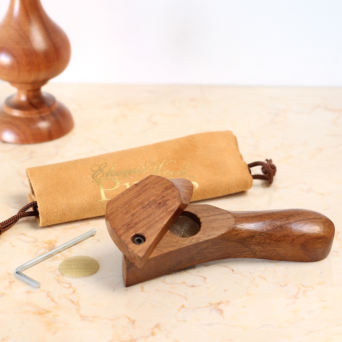 Curved & Matching Lid Premium Wood Hand Crafted Smoking Pipe with Allen Wrench