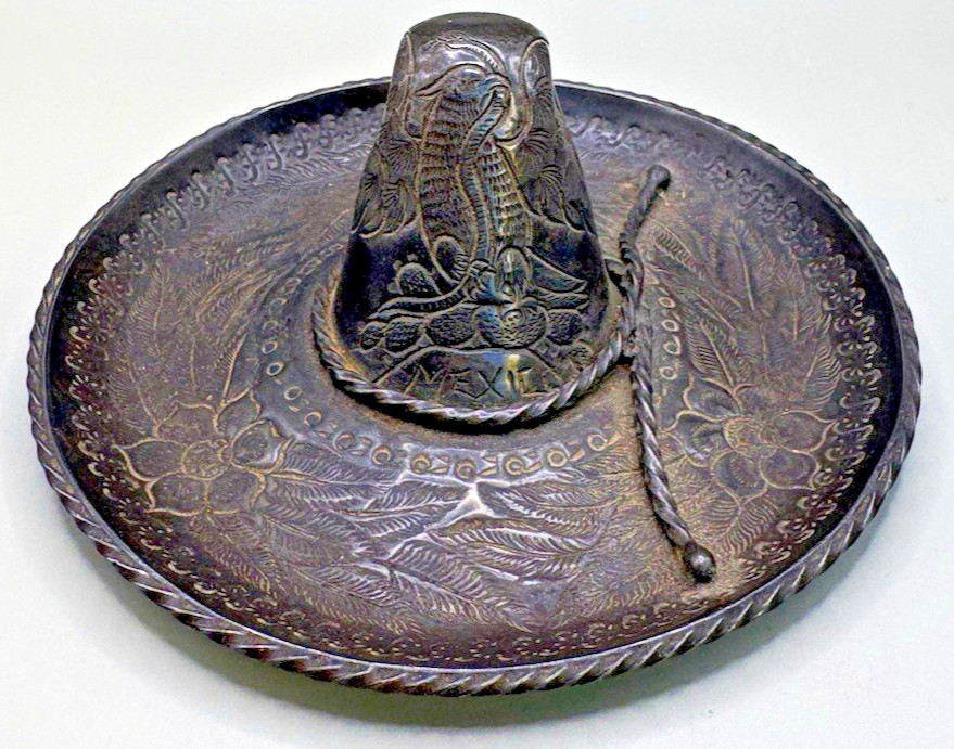 Vintage Mexico 900 Silver Miniature Sombrero 4” Hand Engraved Floral Decor