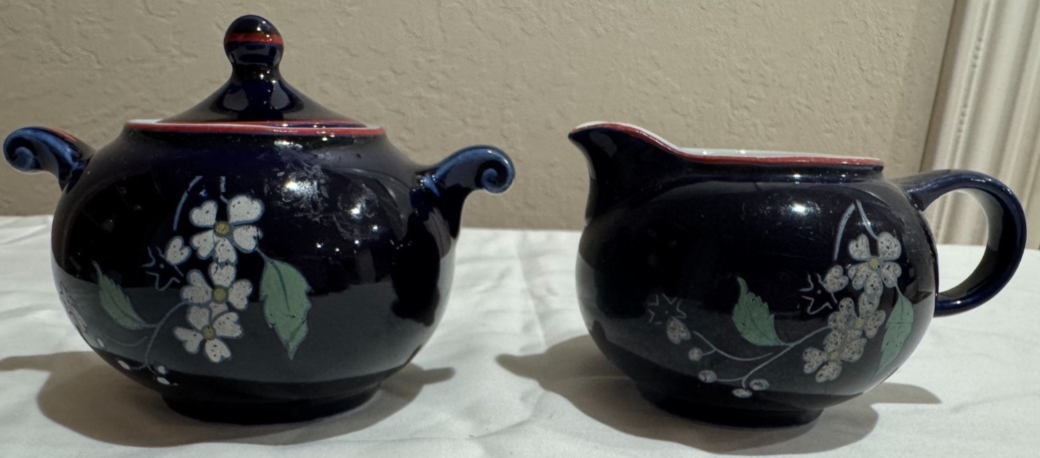 Vintage Hall China Blue Garden Creamer & Sugar Bowl Set Cobalt Blue - DS31