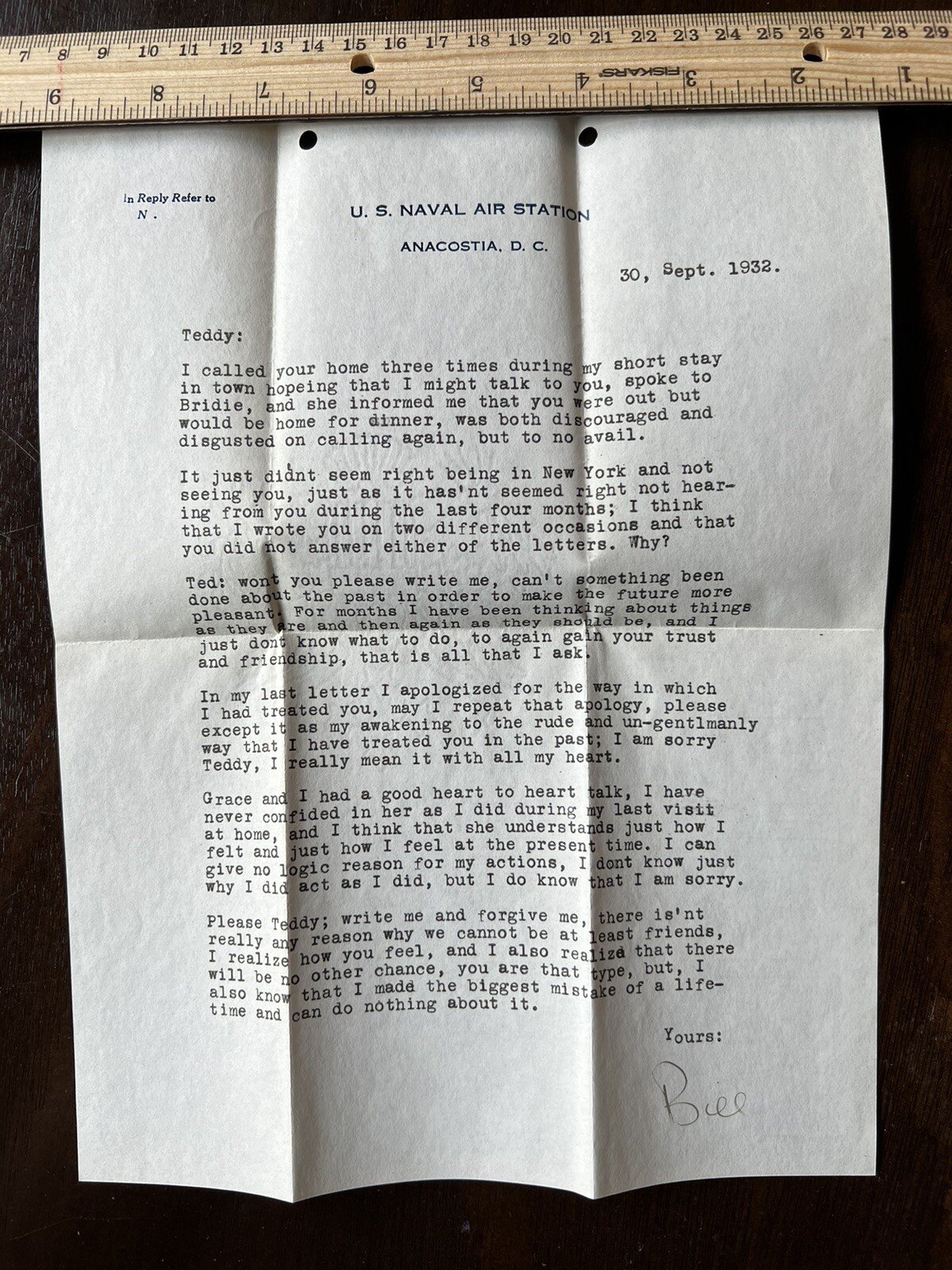 1932 U.S. NAVAL STATION ANACOSTIA LETTER 2-HOLE EPHEMERA, ASKING FOR FORGIVENESS