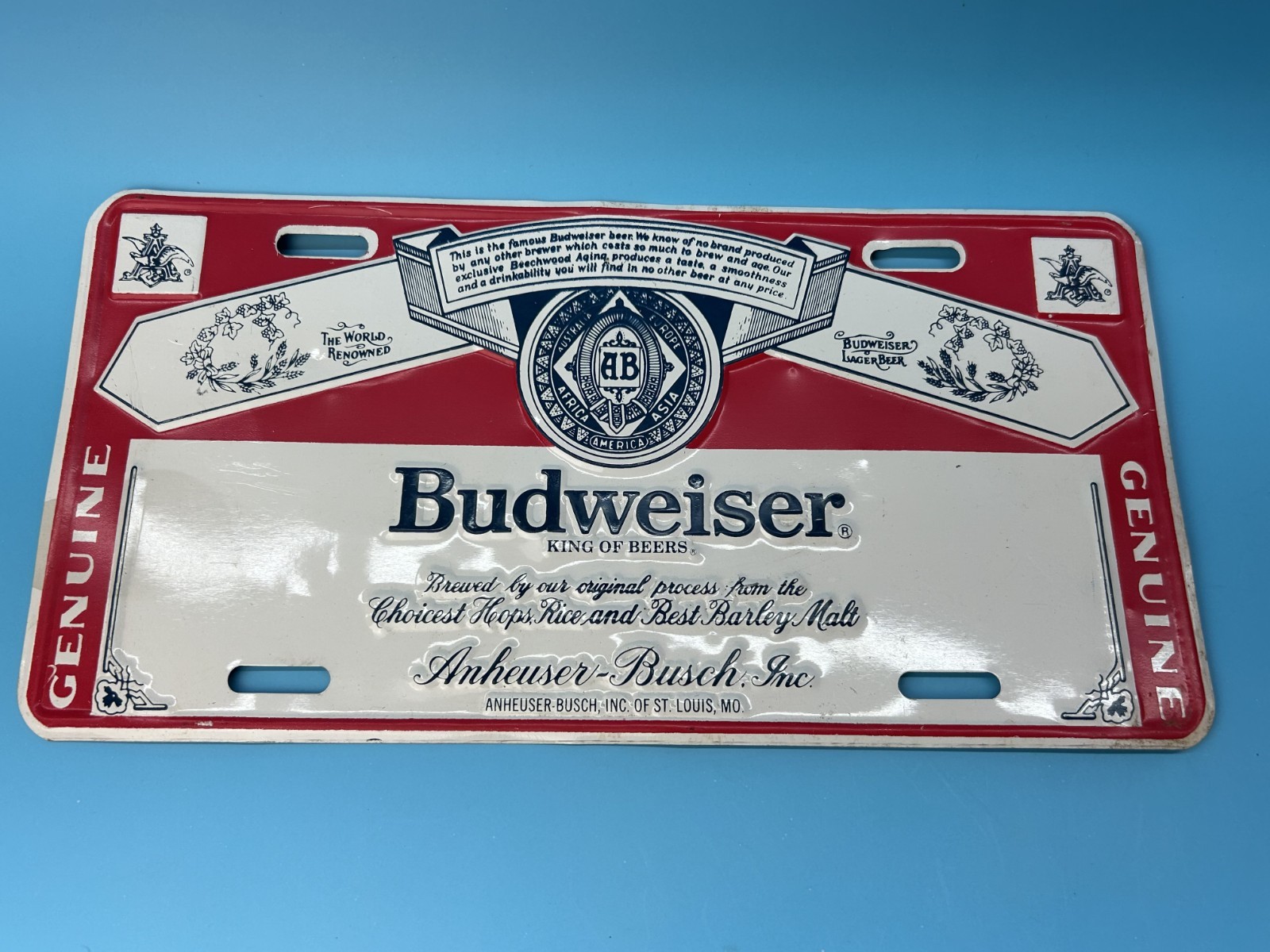 Vintage Budweiser Aluminum Embossed License Plate Tag Used