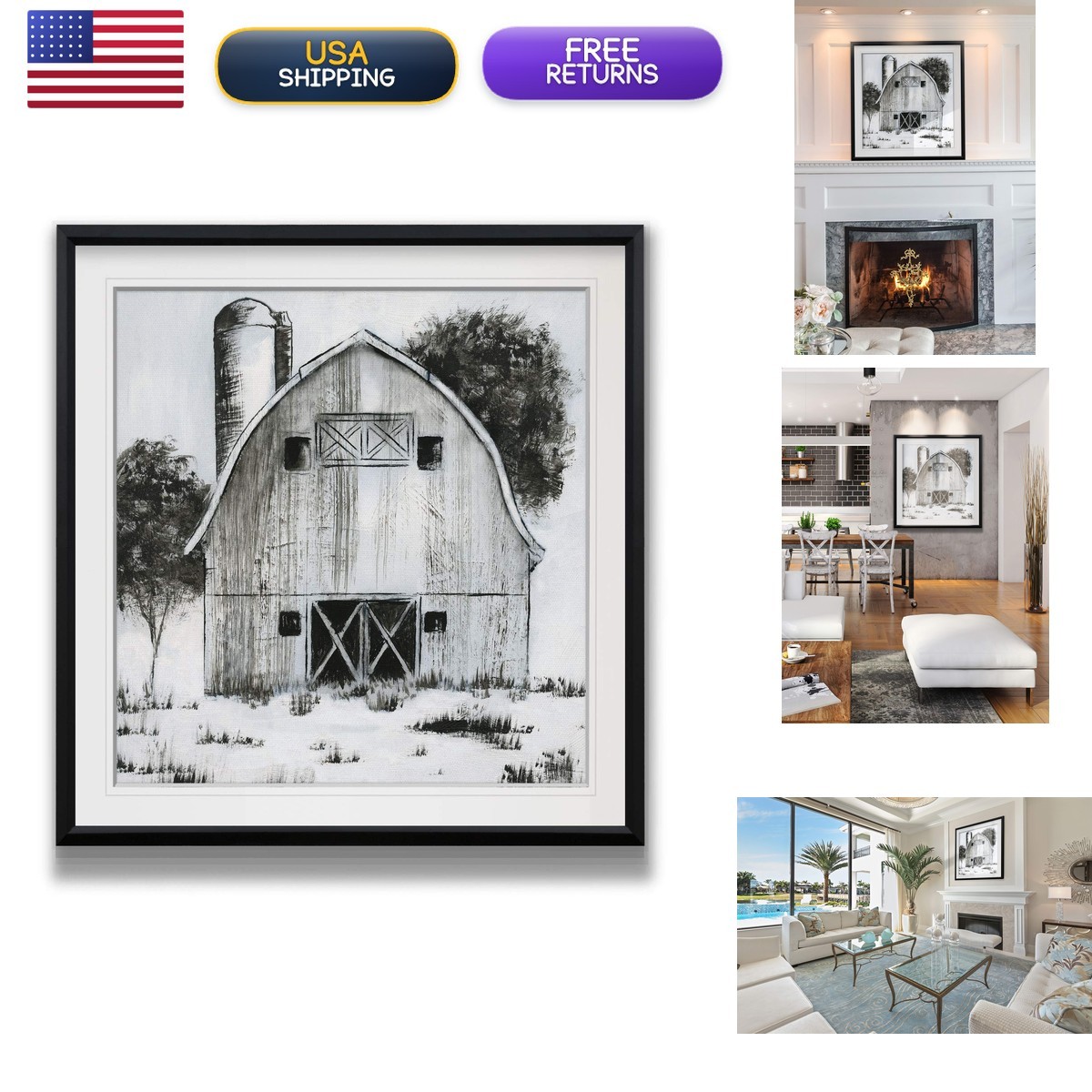 Renditions Gallery Black & White Barn I Rustic Art Framed Farmhouse Giclee