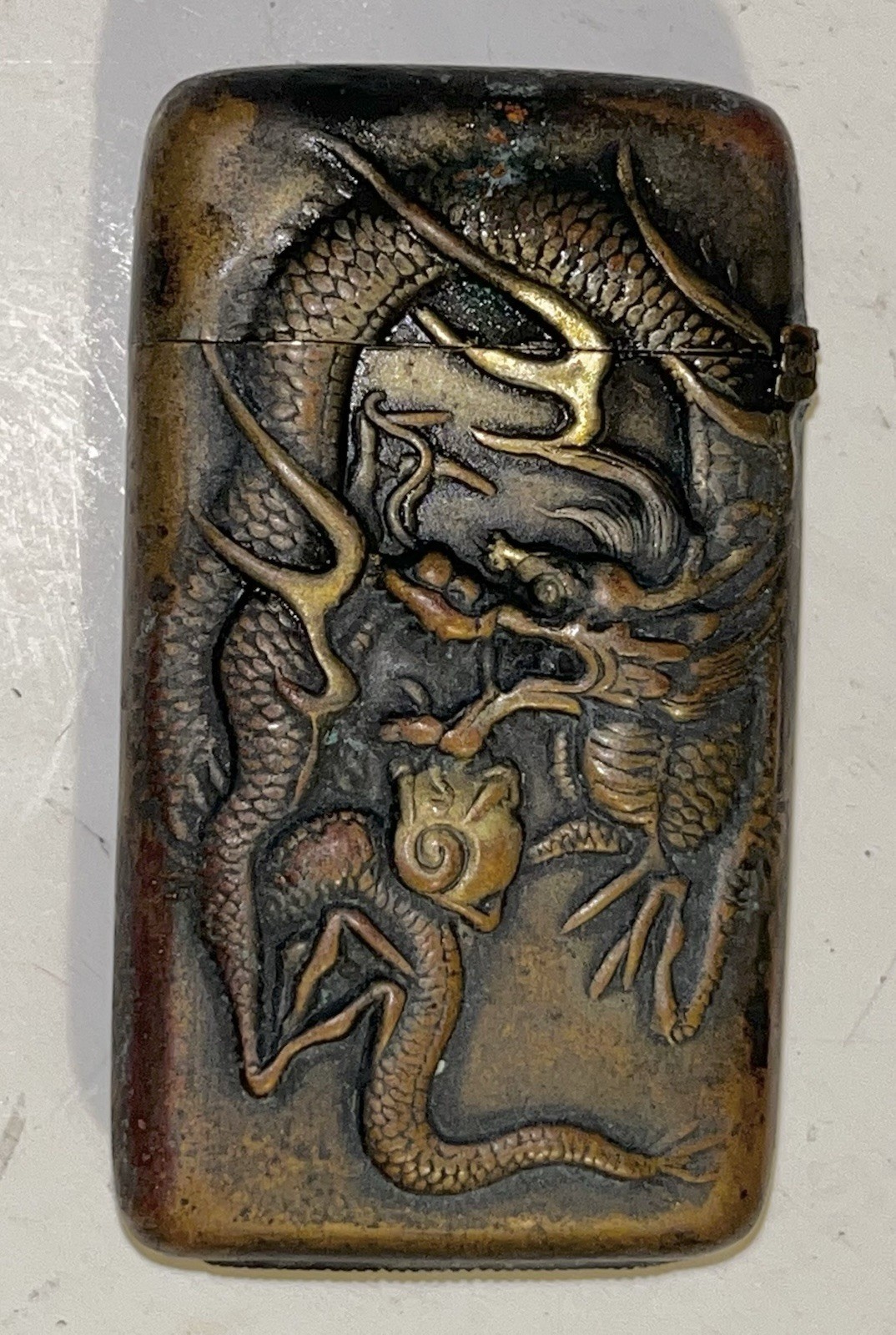 Antique Japanese Dragon Bronze Brass Match Safe Pocket Vesta