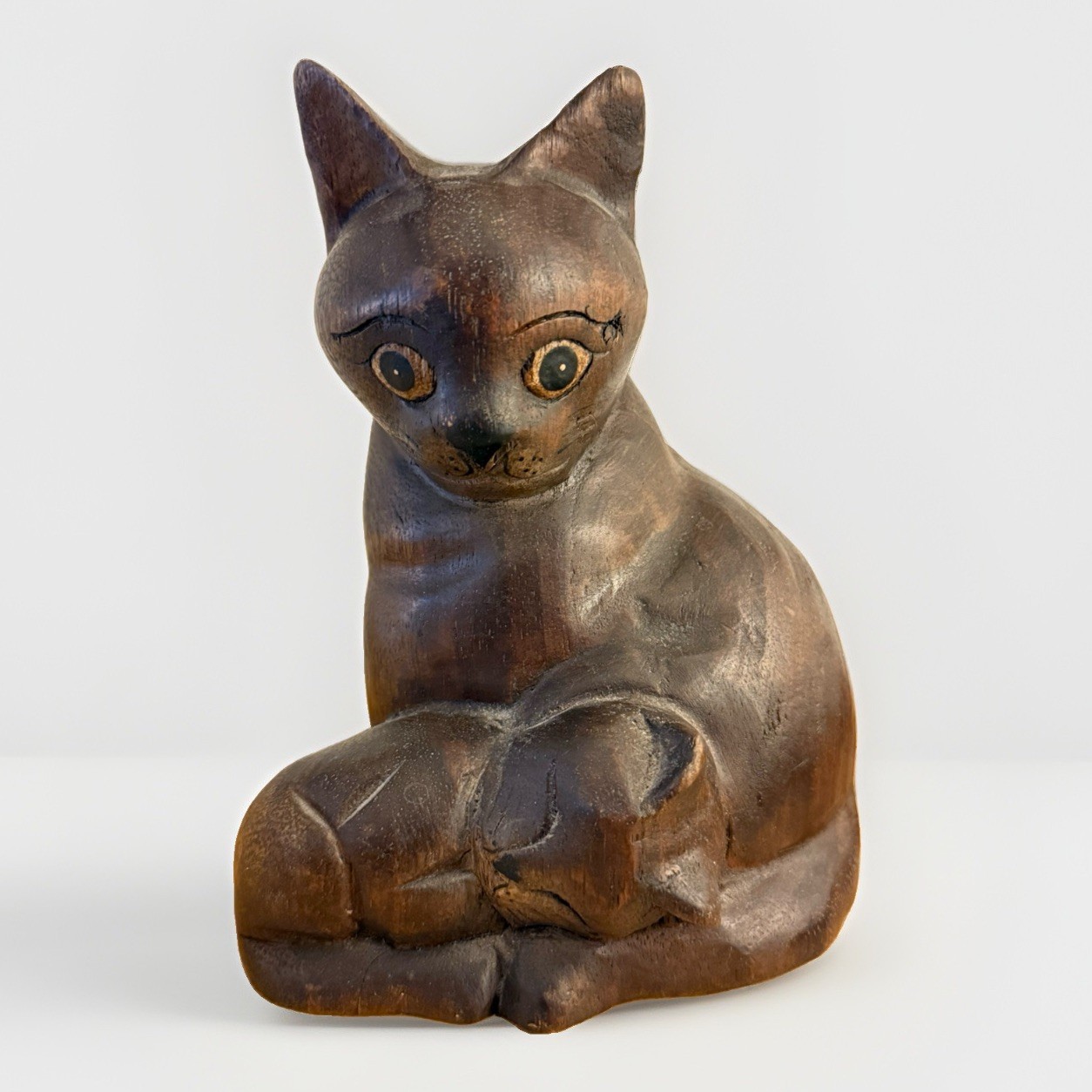 Vintage Hand Carved Wood Mother Cat & Kitten Sculpture Folk Art Figurine