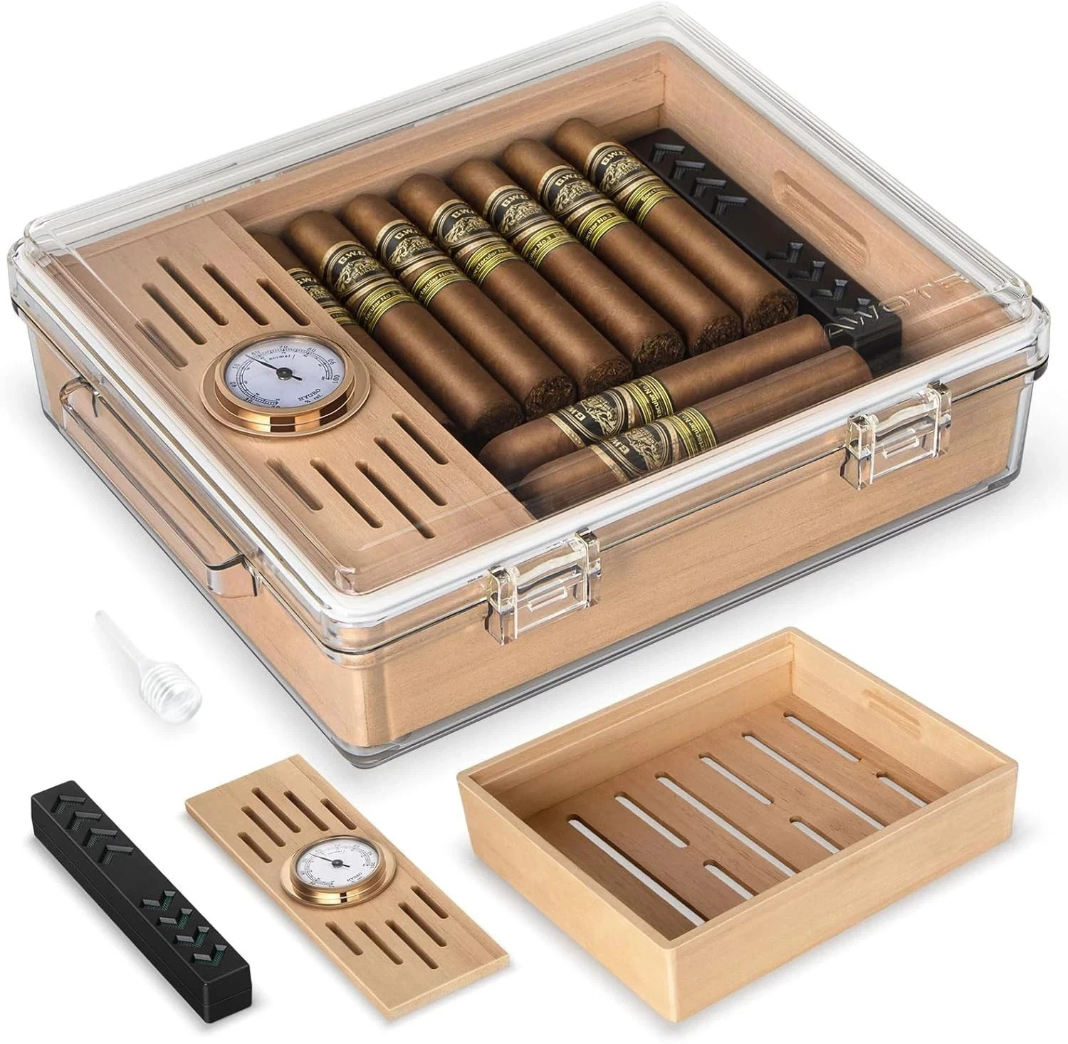 Acrylic Cigar Humidor, Clear Cigar Box with Hygrometer, Humidifier and Cedar ...