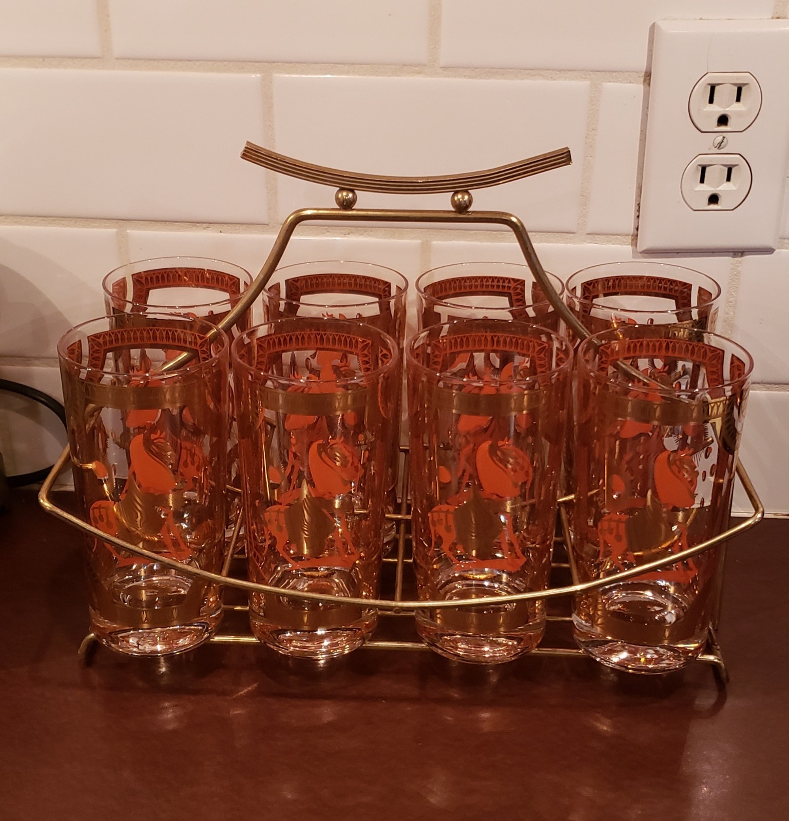 VTG Fred Press MCM Orange Trojan Horse Cocktail Glasses 22k Gold Trim in Caddy