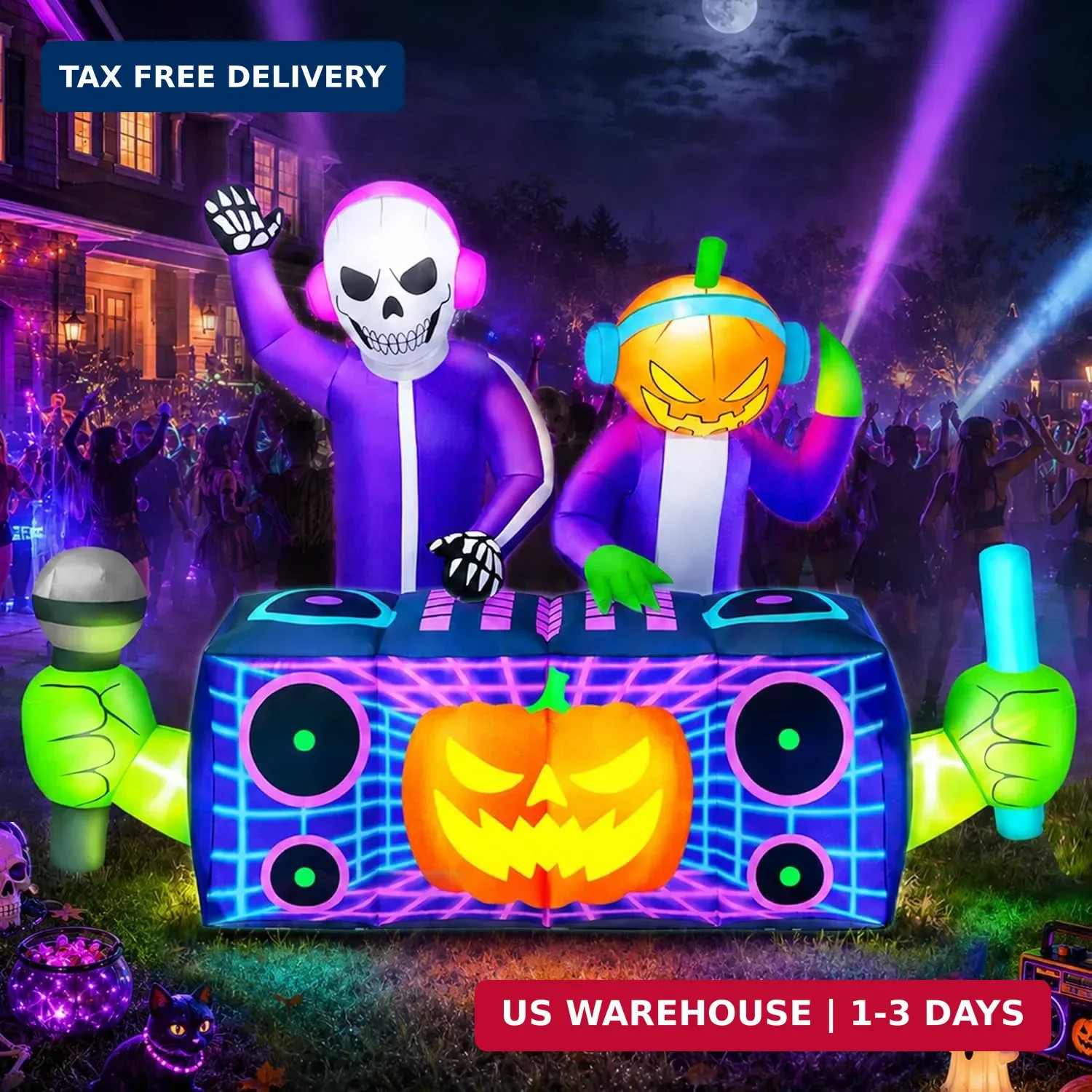 8FT Halloween Inflatables Decorations Outdoor Skeleton Pumpkin DJ Duo Ghost