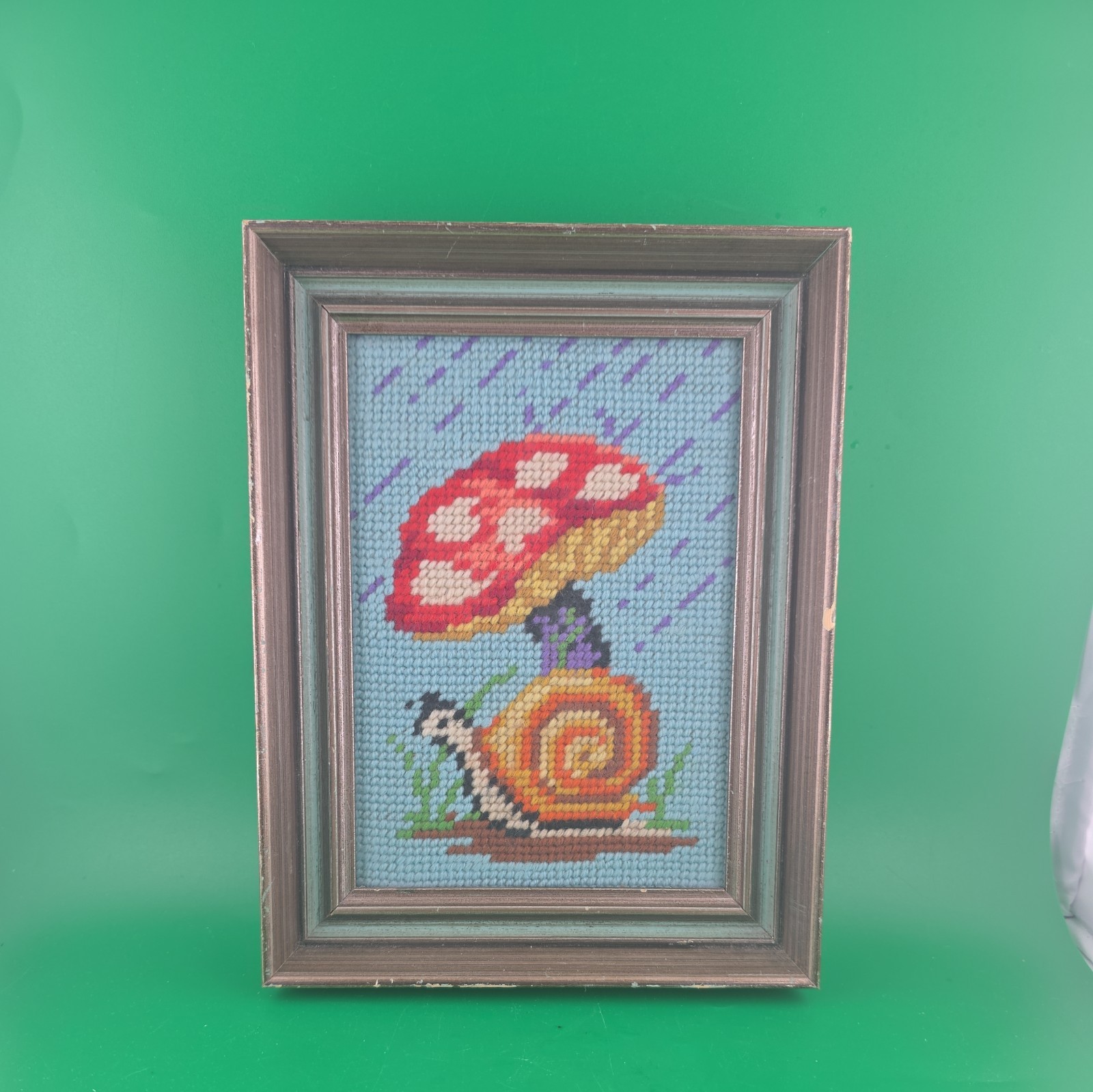 Vtg Mushroom Snail Needlepoint Framed Wall Art Retro Blue Sky Rainy Day 8.5×6.5